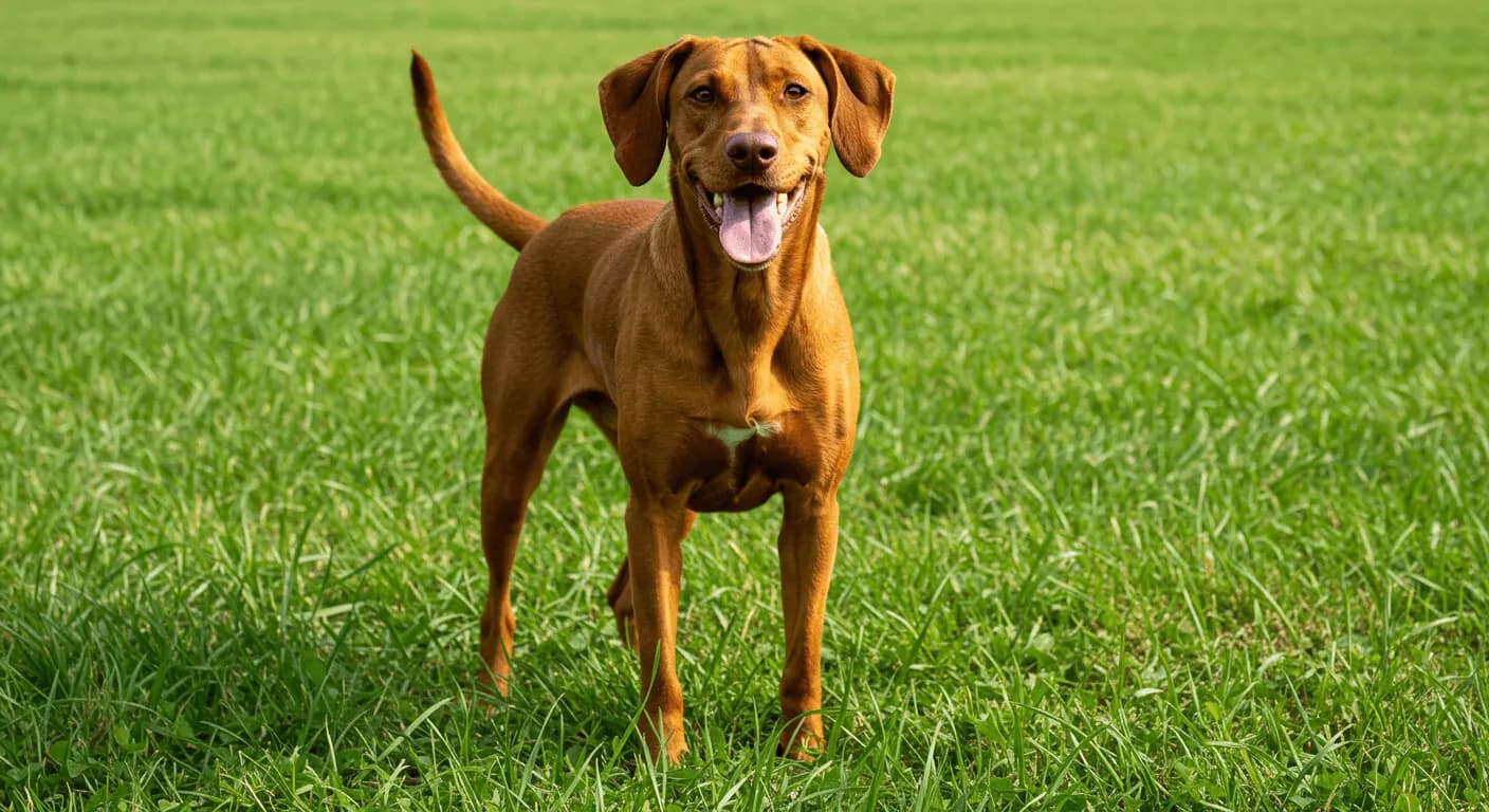 A happy Redbone Coonhound standing in a grassy field, its rich red coat shining under the sun