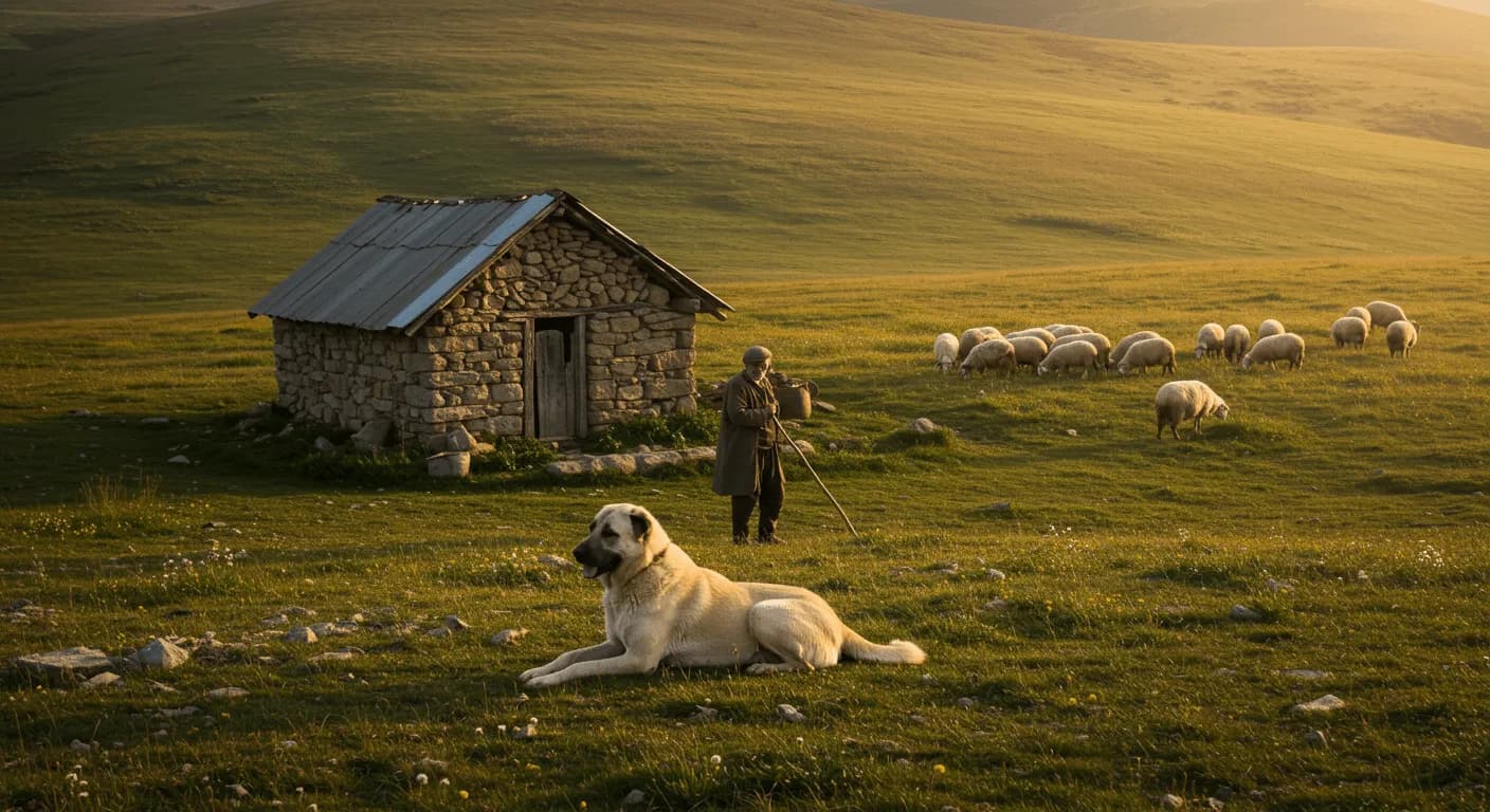A Kangal Dog lying near a shepherd in the Anatolian highlands, a small flock of sheep grazing in the background.