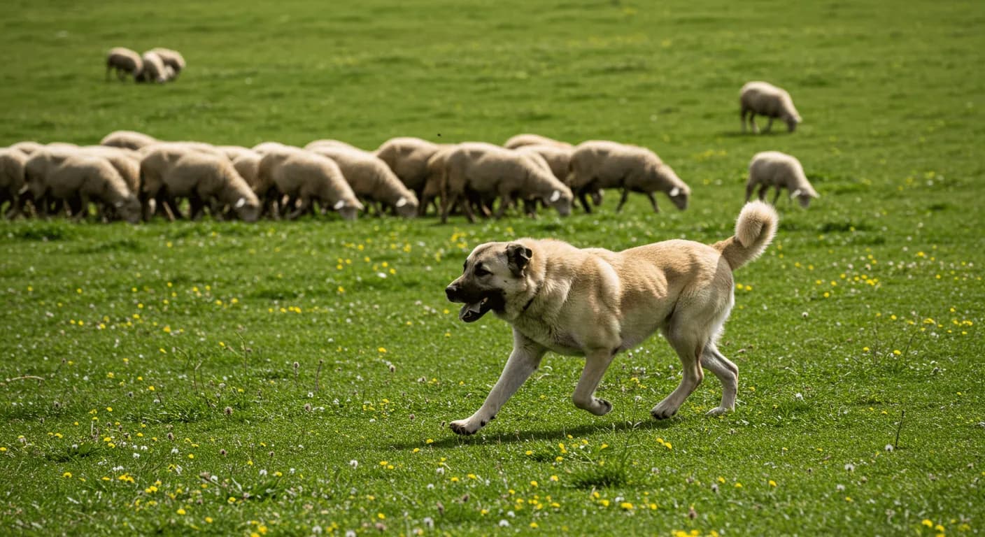 A Kangal Dog mid-sprint across a Turkish pasture with a flock of sheep grazing behind.