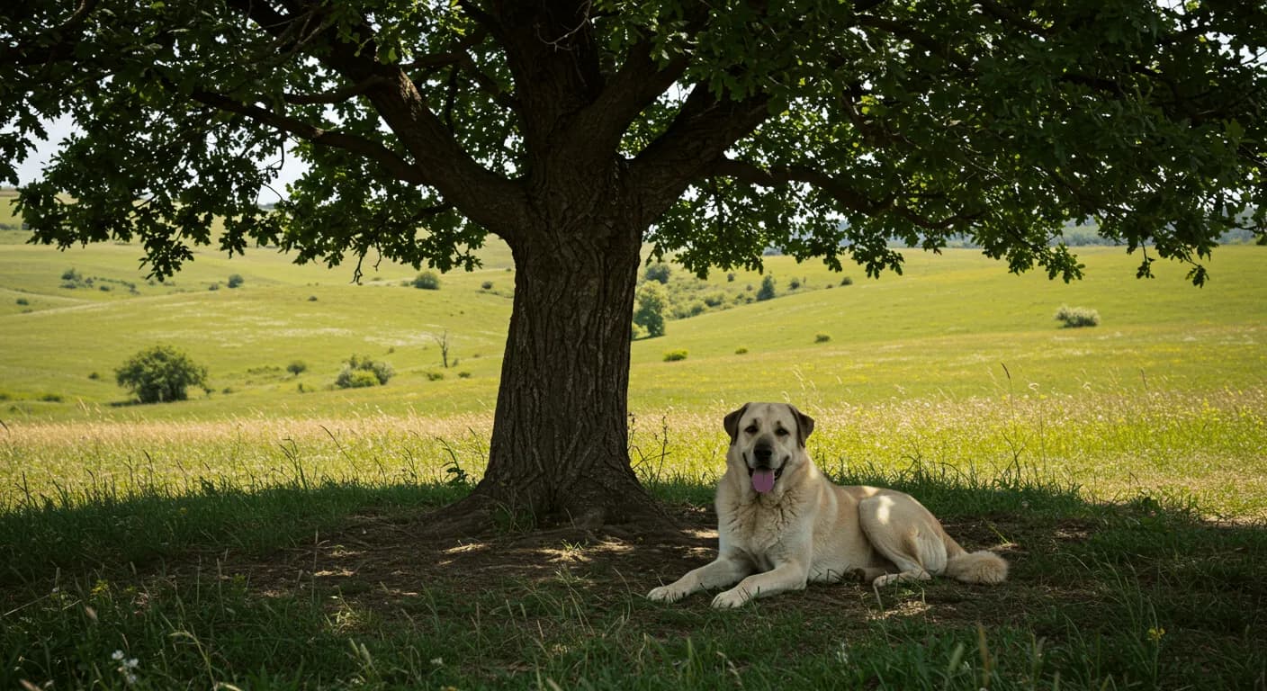 A Kangal Dog relaxing under a tree, with a picturesque countryside backdrop