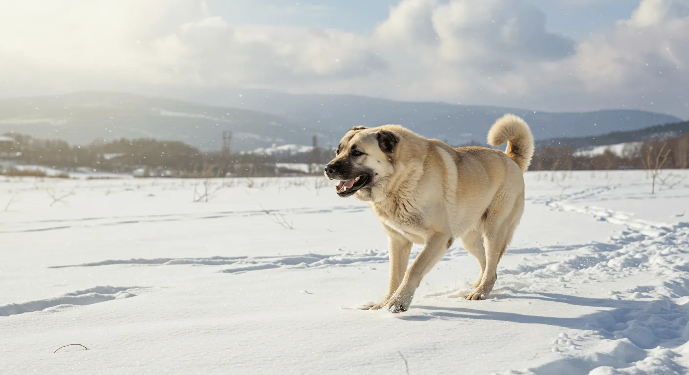 A Kangal Dog running through a snowy field with a joyful expression