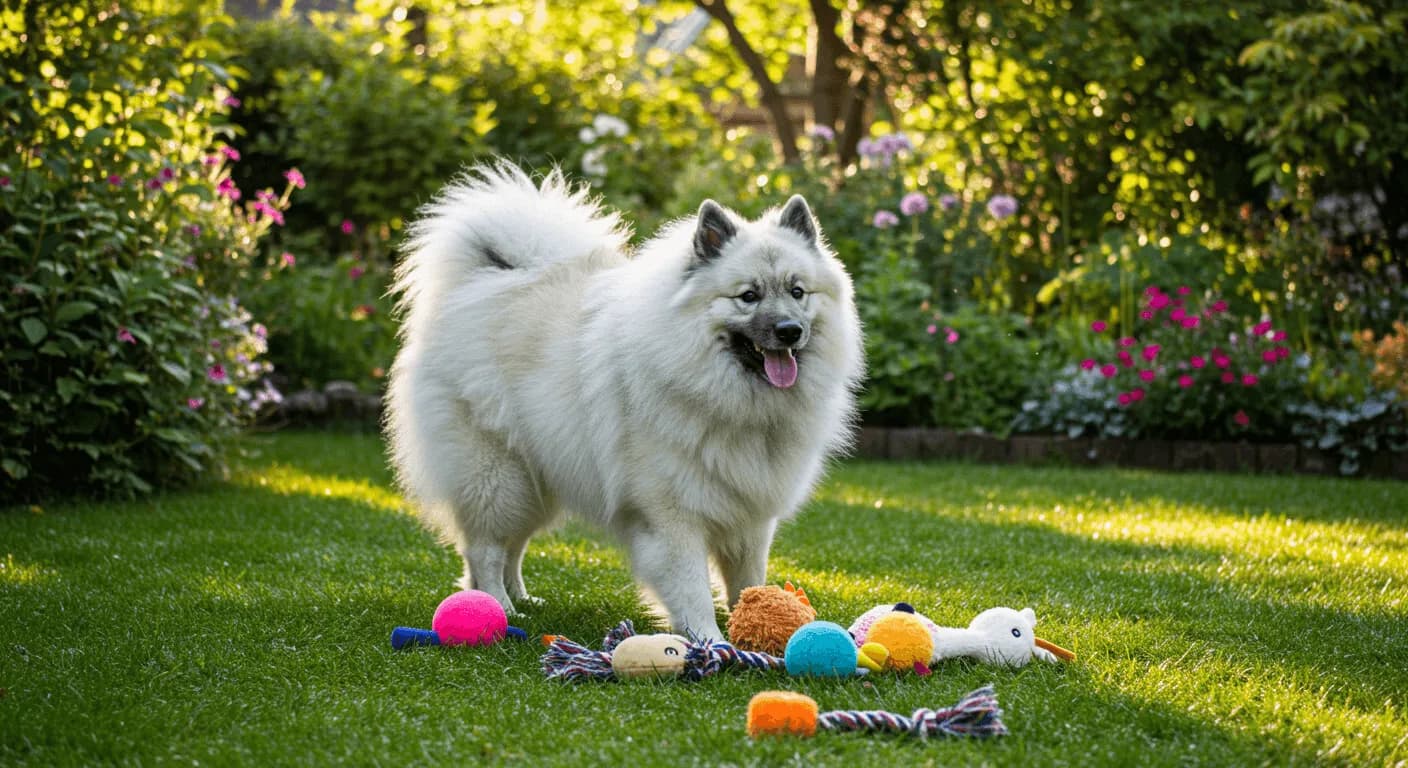 A Keeshond playing in a garden with toys, showing its playful nature and distinctive plumed tail curled over its back