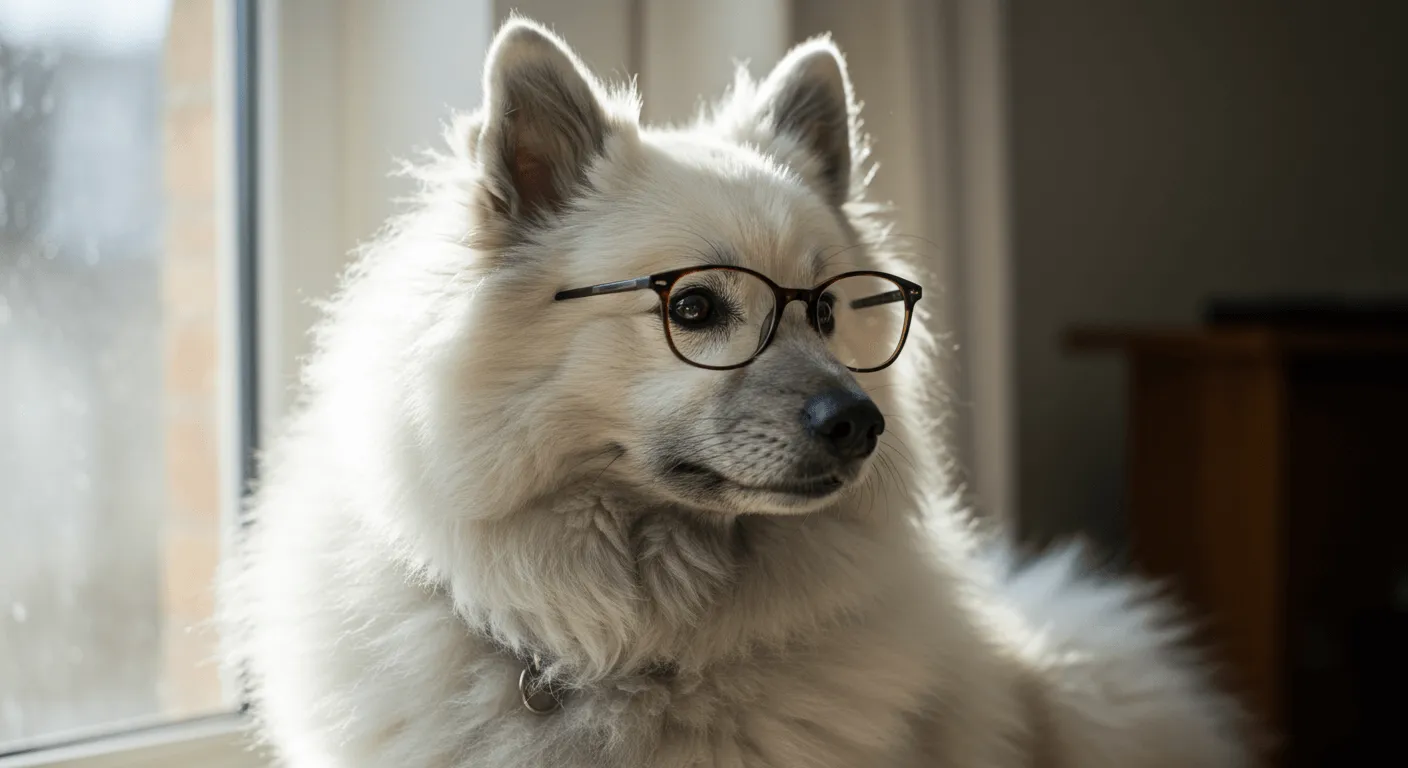 A Keeshond sitting alertly by a window, showcasing its watchful nature and attentive expression with its characteristic "spectacles" marking