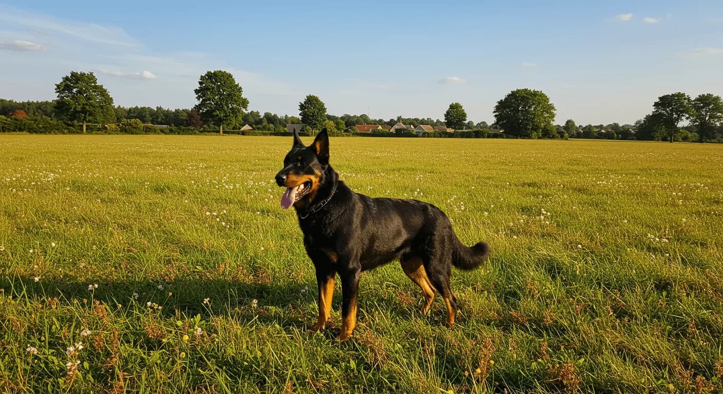 A majestic Beauceron standing in a French countryside field, showcasing its strong, herding posture.
