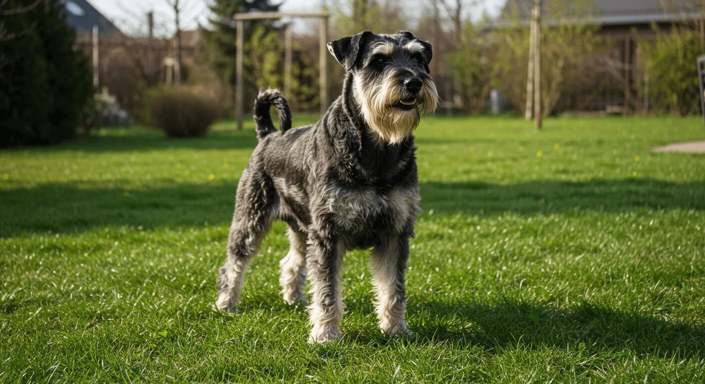 A majestic Giant Schnauzer standing alert in a grassy backyard, showcasing its thick, wiry coat