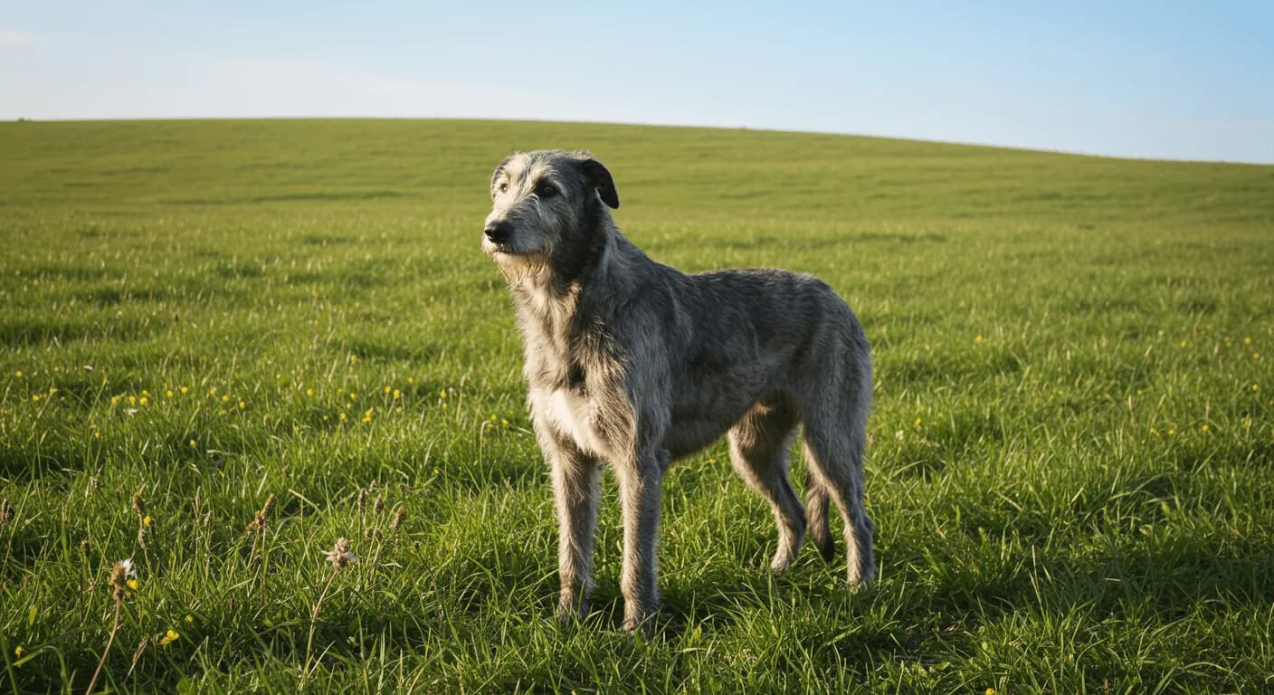 A majestic Irish Wolfhound standing in a grassy field with a serene expression