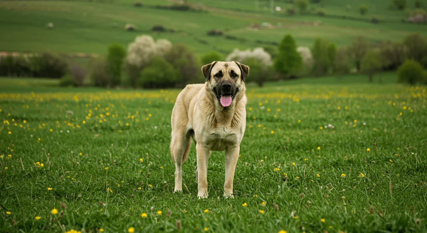 A majestic Kangal Dog standing in a green pasture, alert and calm