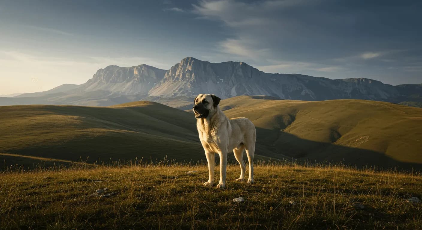 A majestic Kangal Dog standing on a grassy hill with a mountainous Anatolian backdrop under a clear blue sky