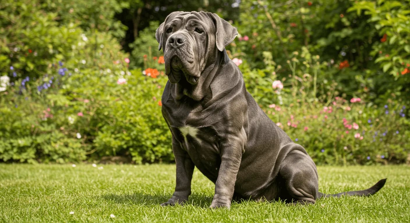 A majestic Neapolitan Mastiff sitting calmly in a grassy garden, showcasing its loose skin and signature wrinkles.