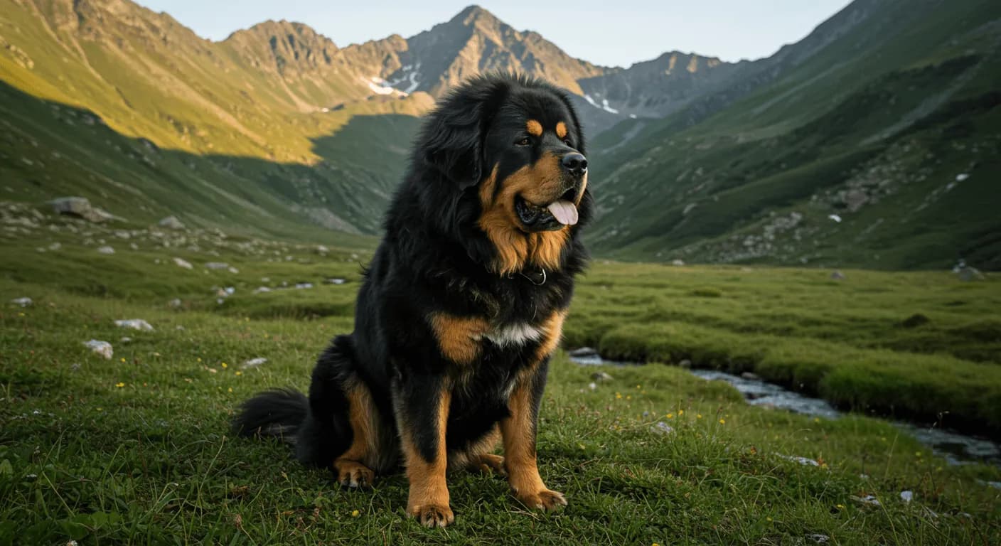 A majestic Tibetan Mastiff sitting confidently in a mountain meadow with a thick, fluffy coat and strong build