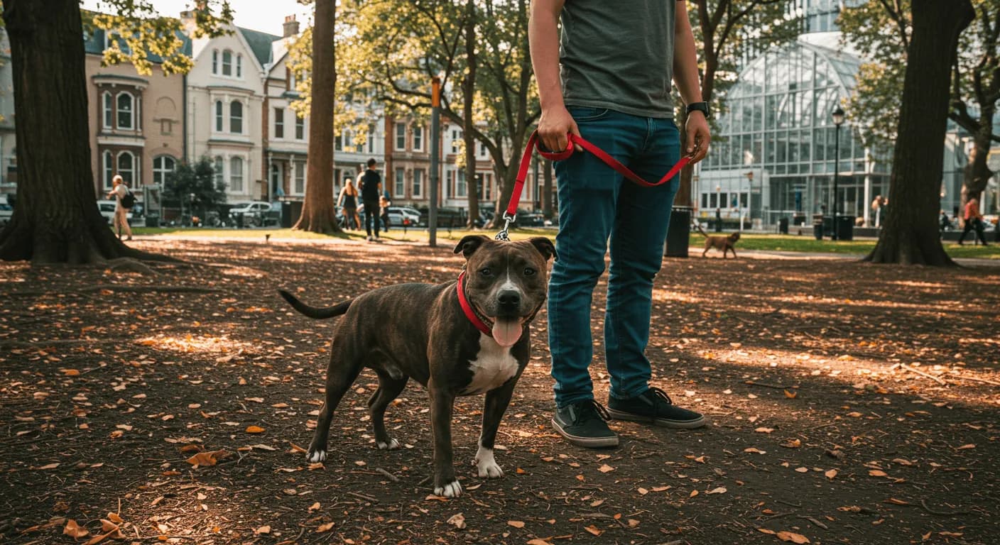 A modern American Staffordshire Terrier on a leash in a city park with its owner