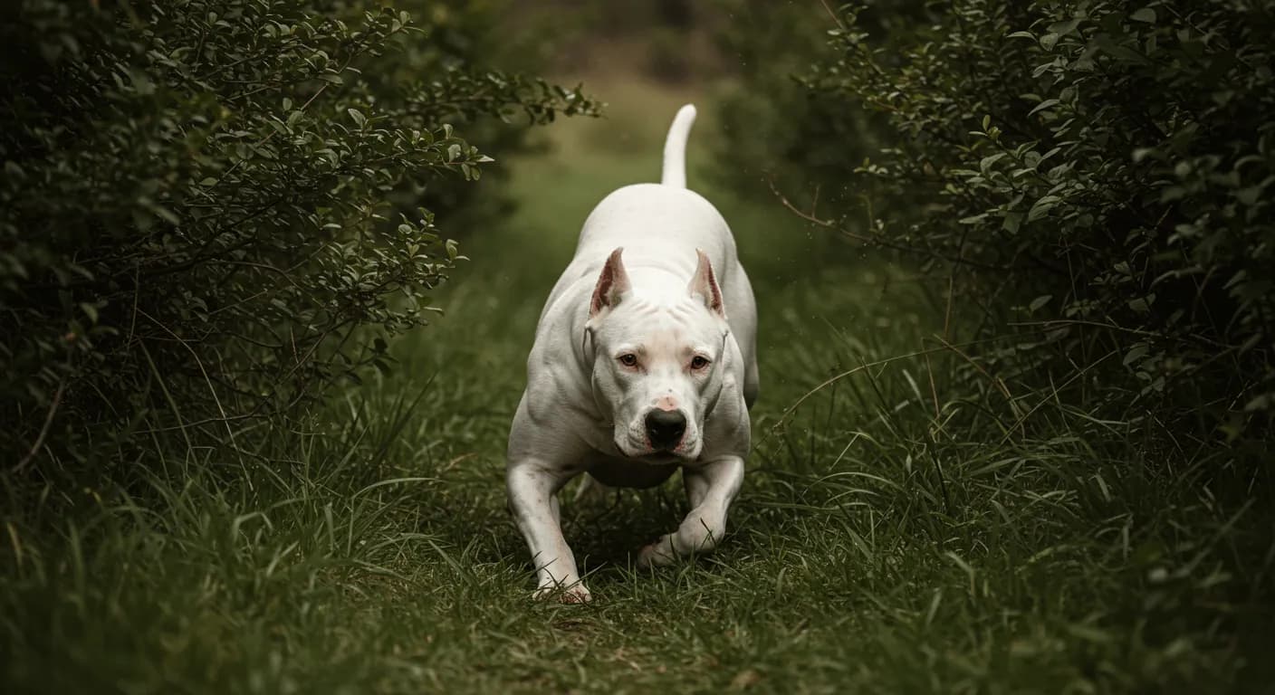 A muscular adult Dogo Argentino taking position before leaping into brush during a hunt.