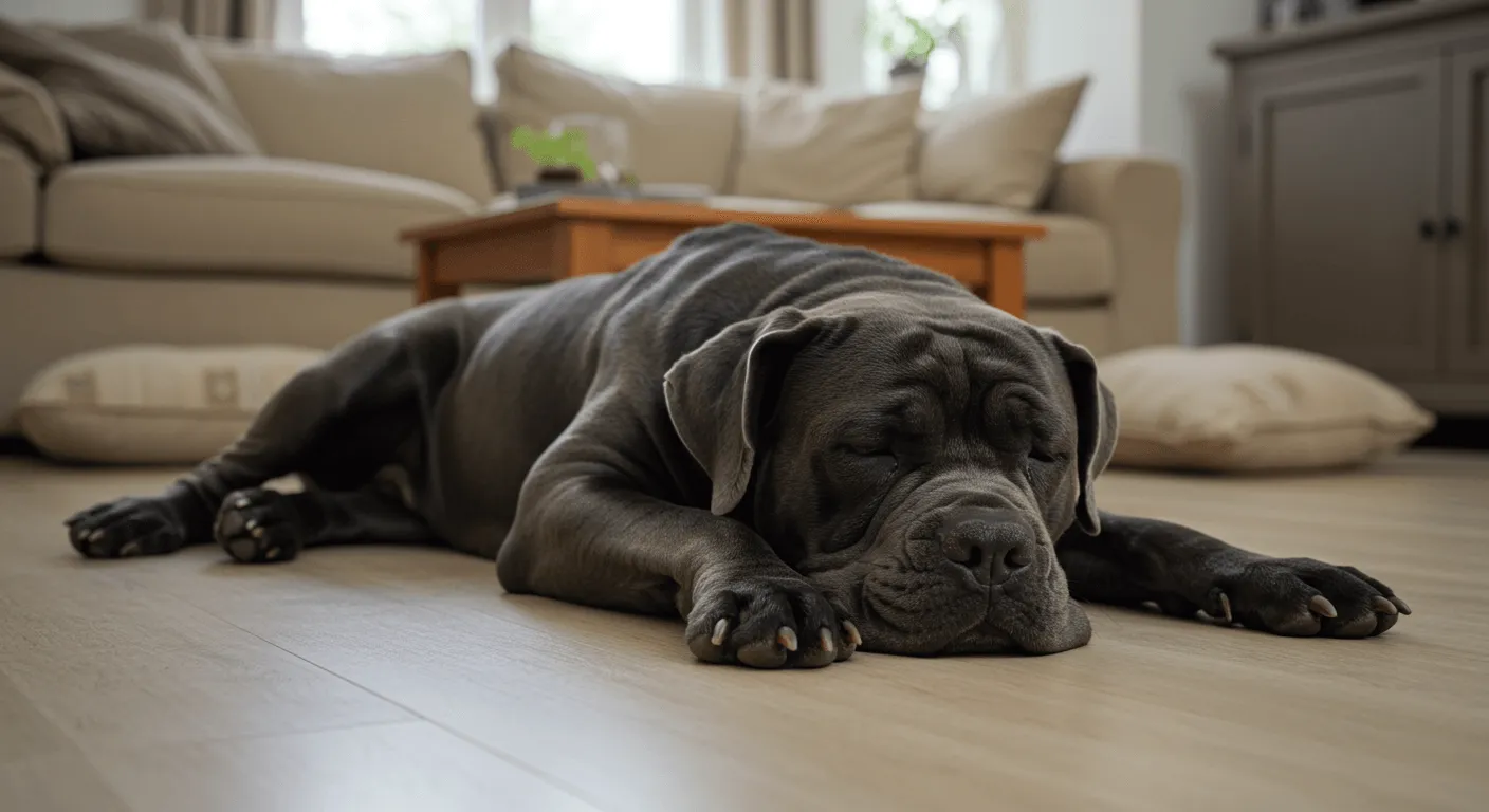 A Neapolitan Mastiff lying lazily on a living room floor, its large paws stretched out in front.