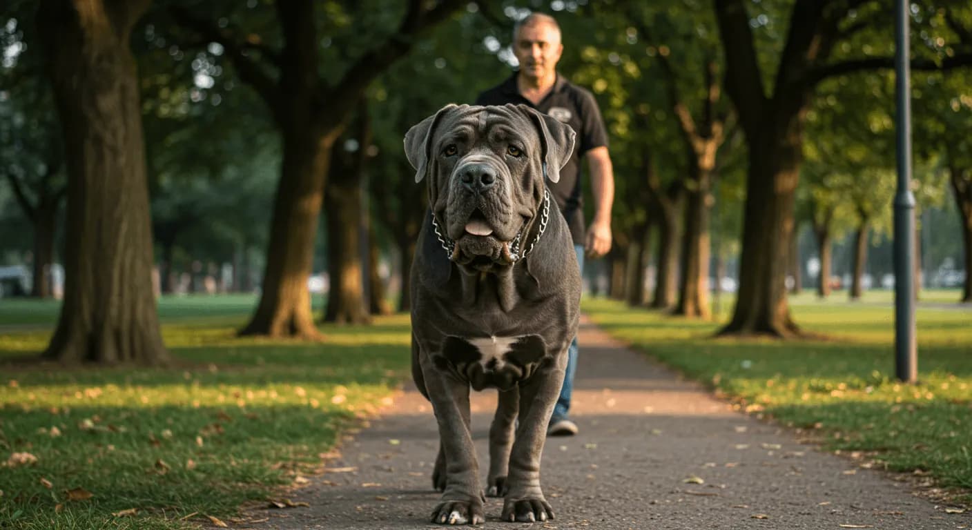A Neapolitan Mastiff walking calmly beside its owner in a quiet park, showing its sheer size and calm demeanor.