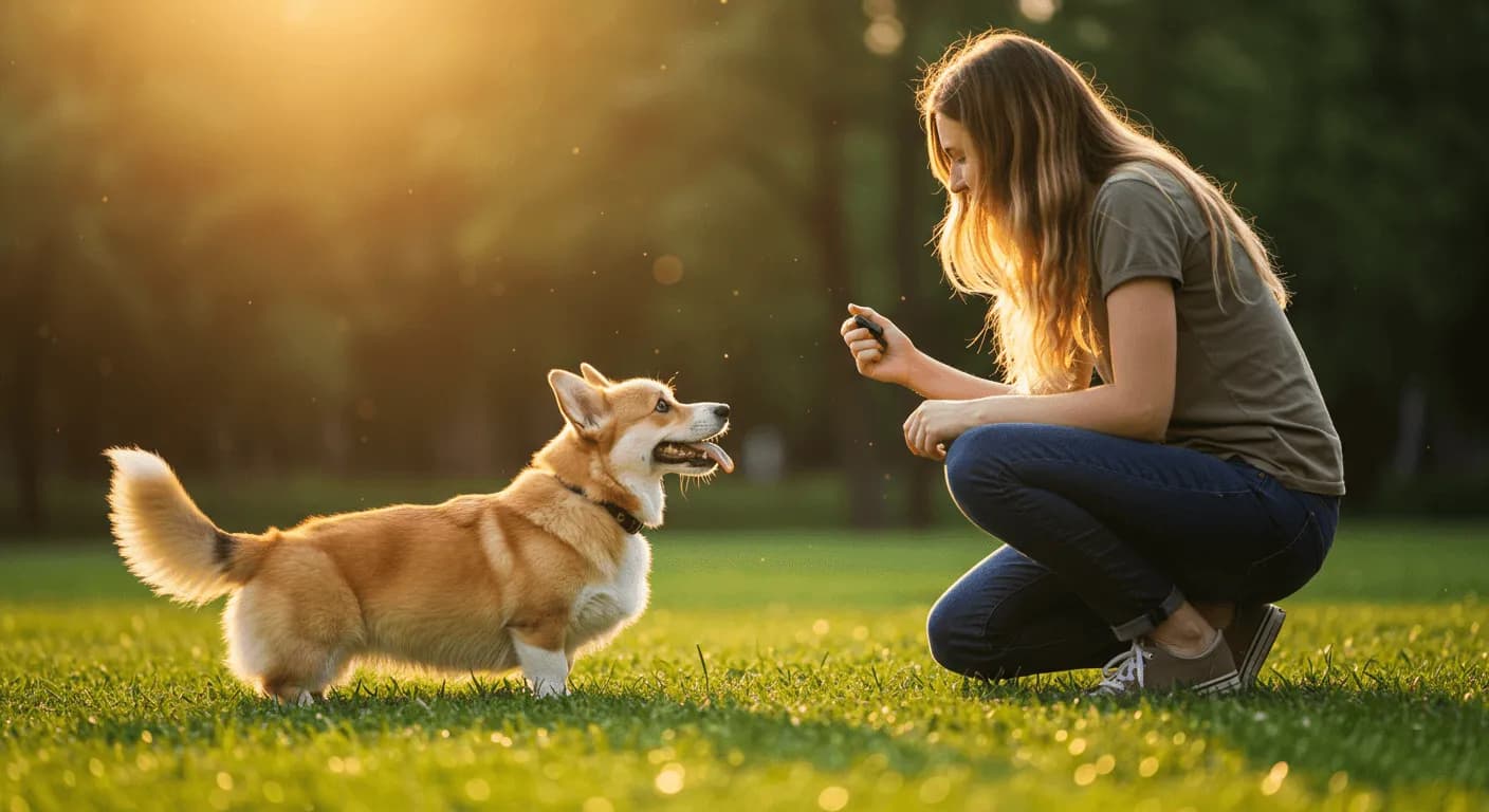 A Pembroke Welsh Corgi and its owner working with a clicker during an obedience training session in a sunny park