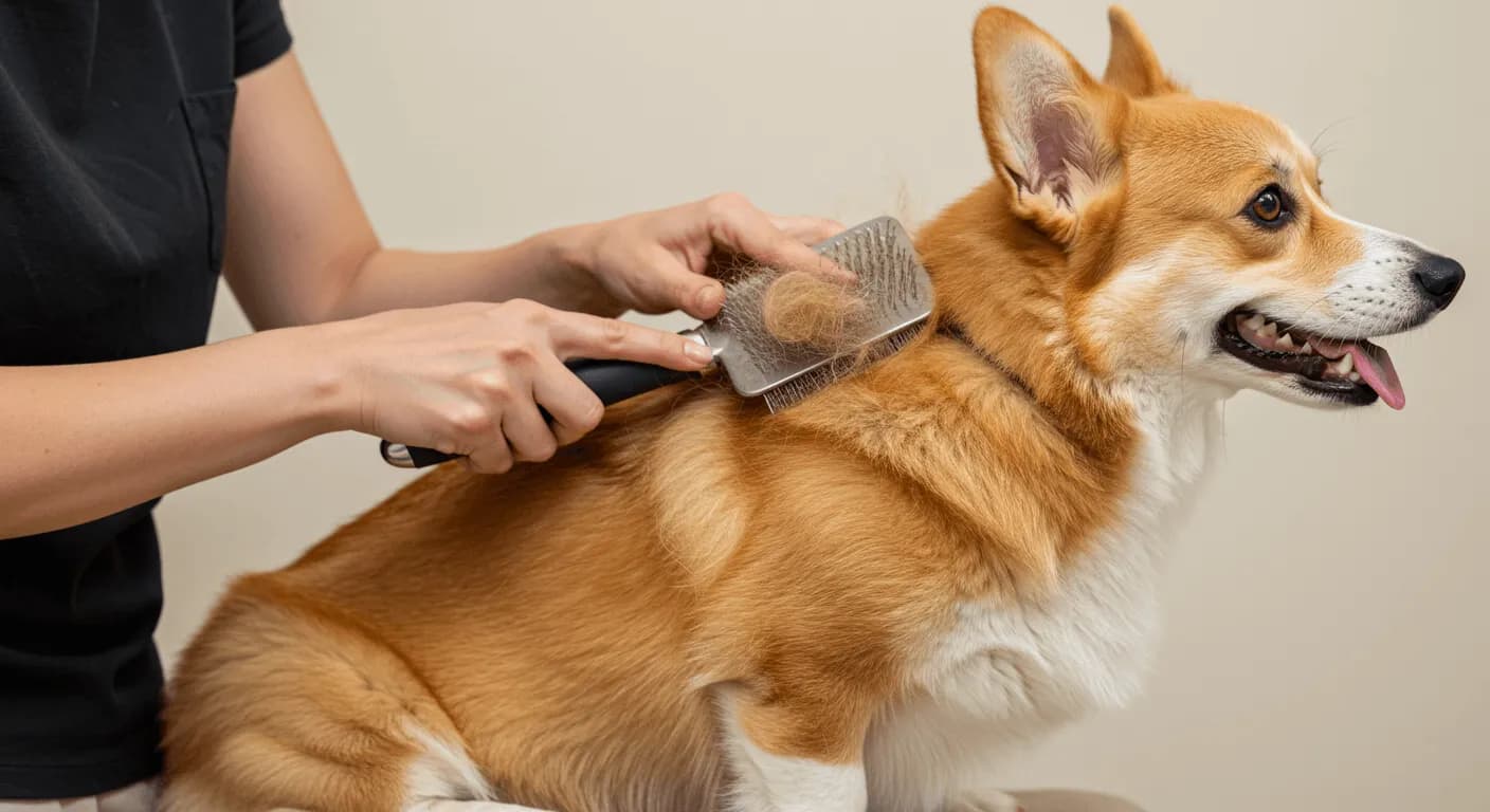 A Pembroke Welsh Corgi being brushed with a slicker brush, showing the dense double coat with loose fur being collected from the grooming process