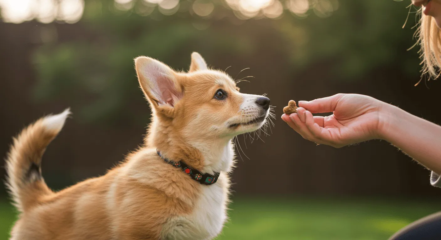 A Pembroke Welsh Corgi puppy being rewarded with a treat during its first training session