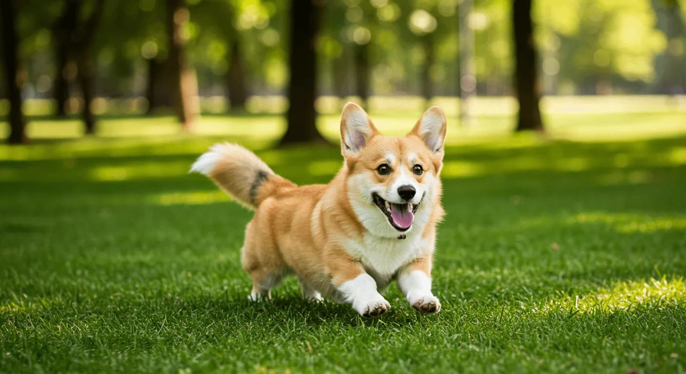 A Pembroke Welsh Corgi running in a park with its characteristic low-to-ground stance, showcasing its energetic nature and athletic build despite short legs