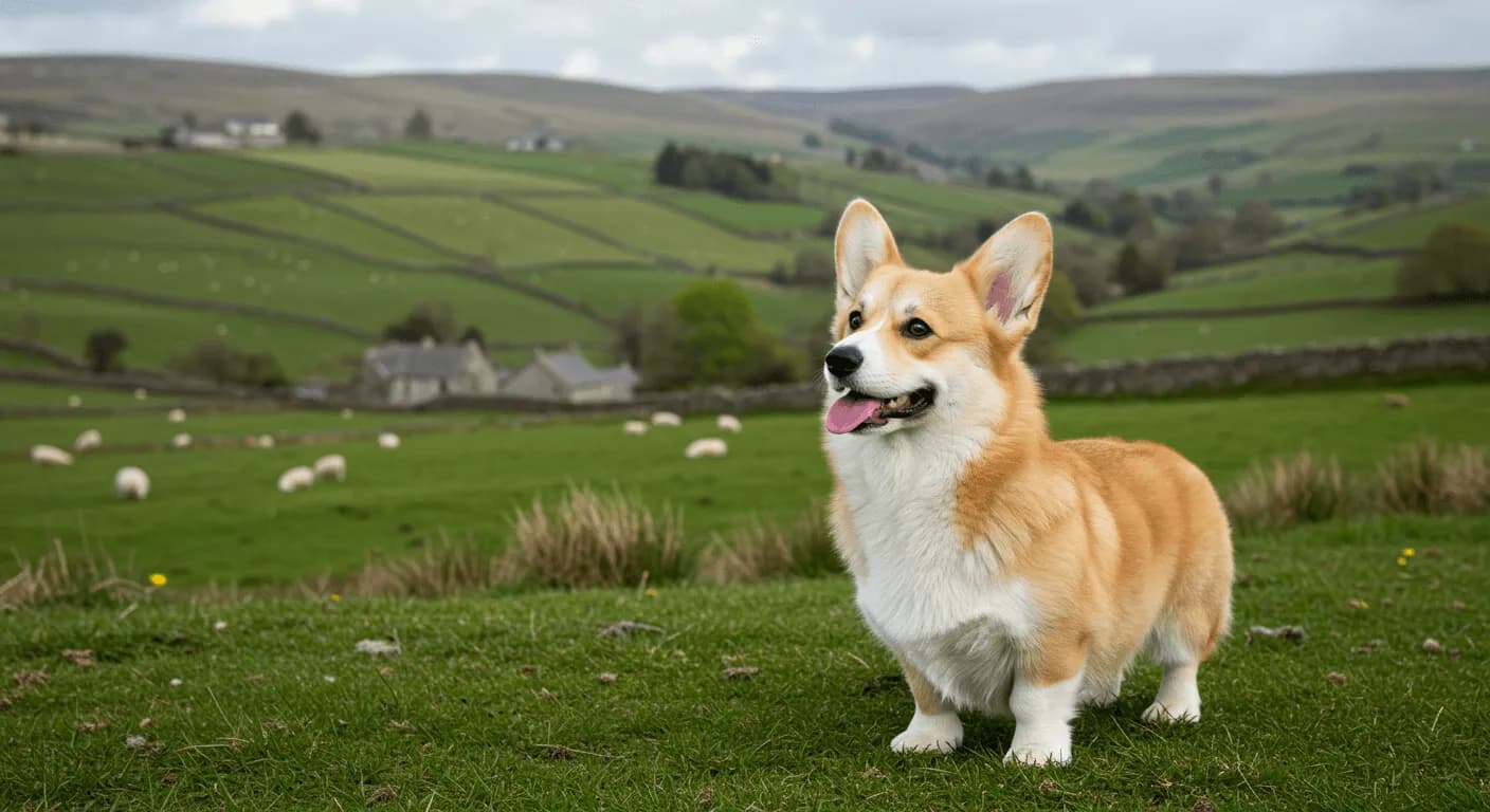 A Pembroke Welsh Corgi standing in profile view showing its distinctive fox-like appearance, short legs, and alert expression against a rural Welsh landscape backdrop