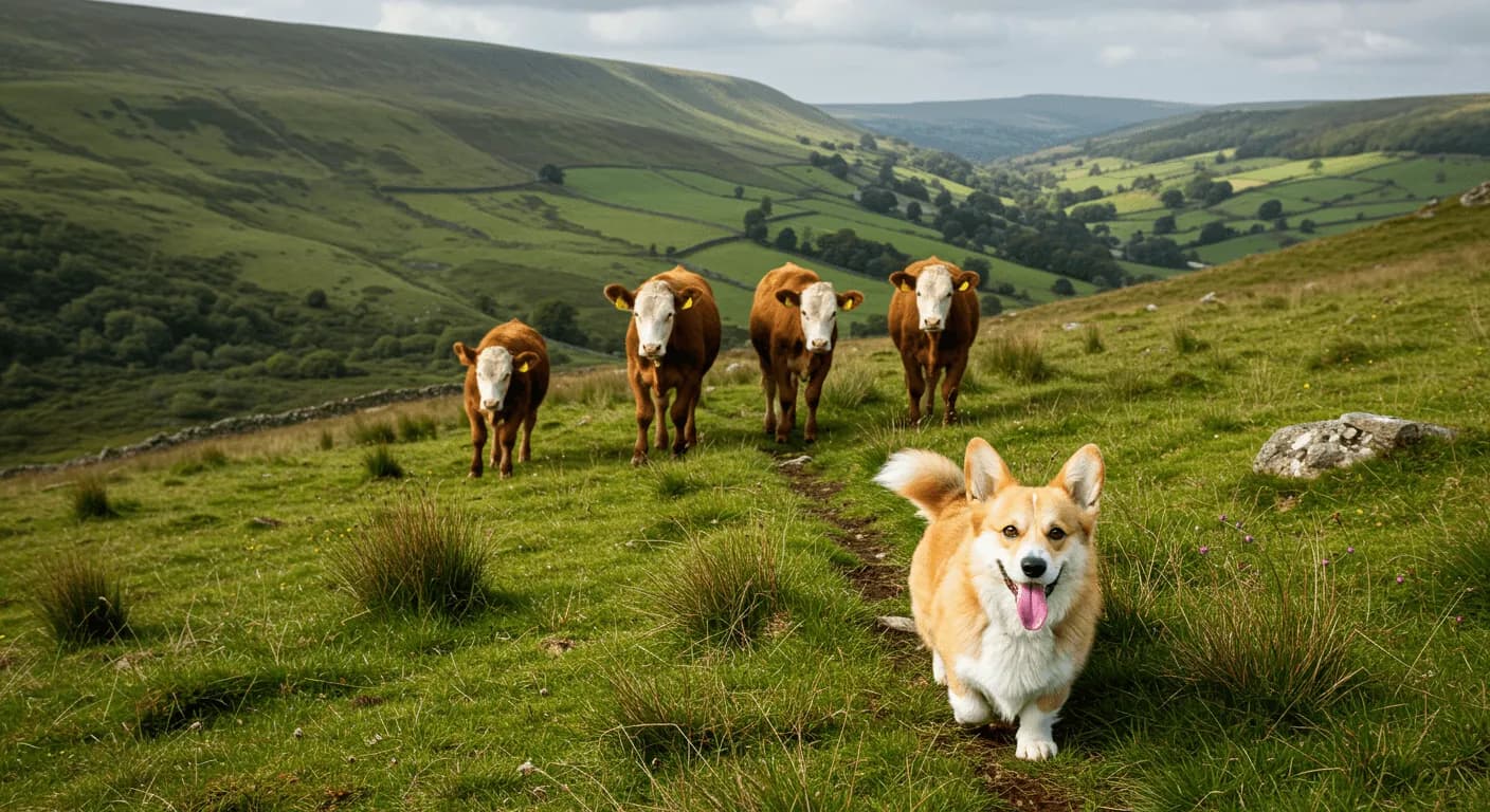 A Pembroke Welsh Corgi working in traditional fashion, herding cattle on a green Welsh hillside, demonstrating its original purpose and connection to the Welsh landscape