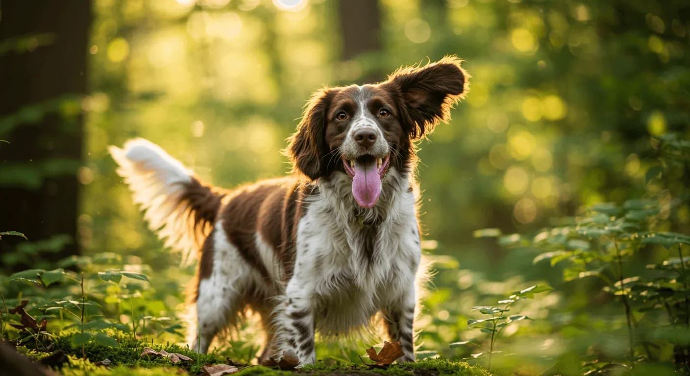 A playful English Springer Spaniel standing in a forested area, tail wagging and tongue out