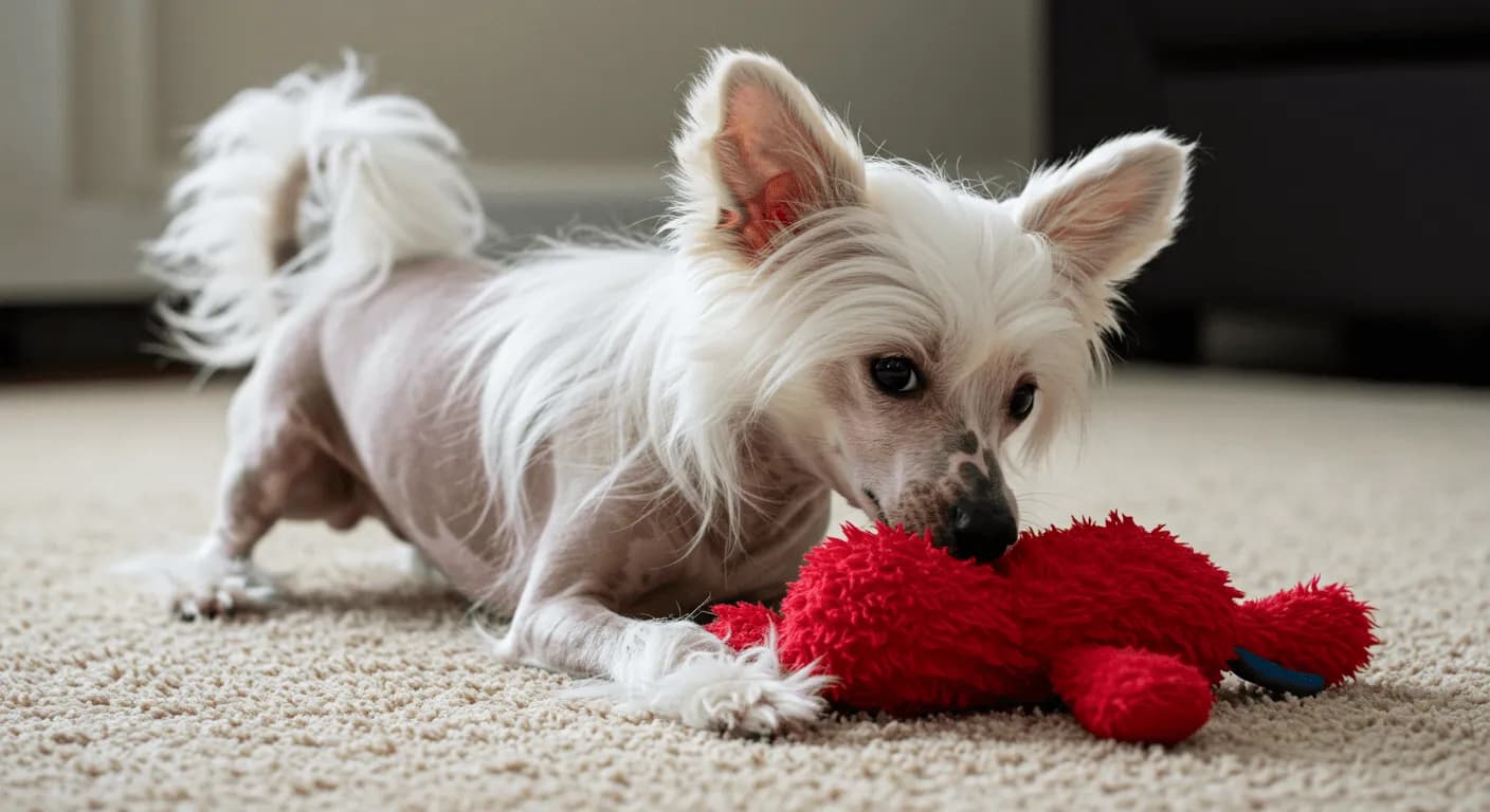 A Powderpuff Chinese Crested dog with its full, silky coat playing with a toy on a carpet, showcasing its playful nature and the contrast to its hairless counterpart