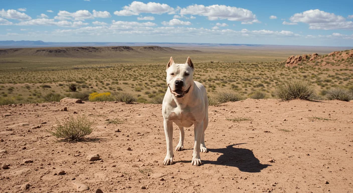 A powerful Dogo Argentino standing alert in a rugged Argentine landscape