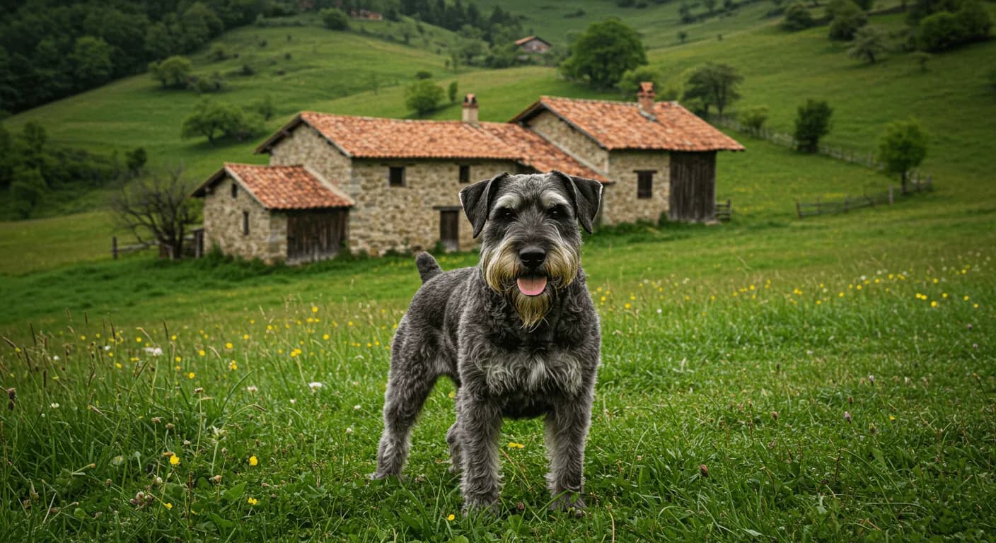 A powerful Giant Schnauzer standing in a mountain pasture with a rustic European farmhouse in the background