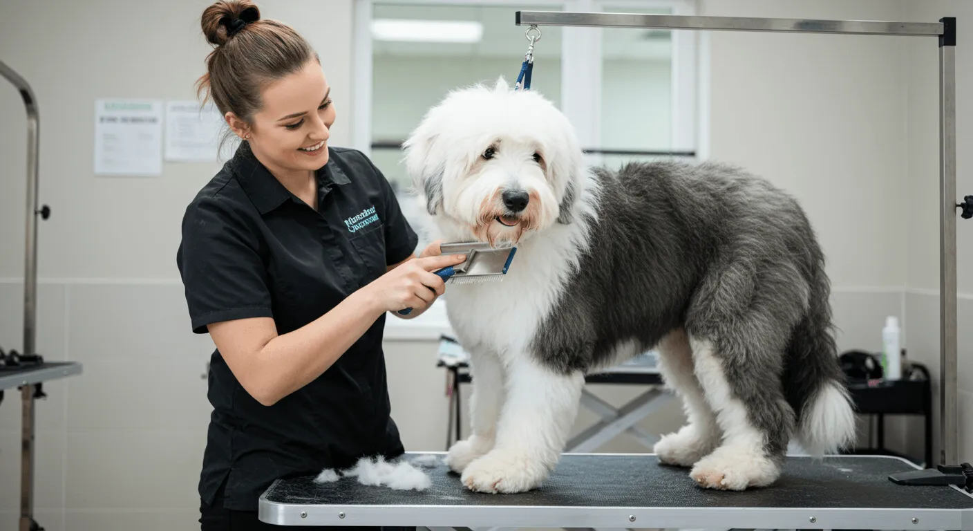 A professional groomer brushing an Old English Sheepdog on a grooming table