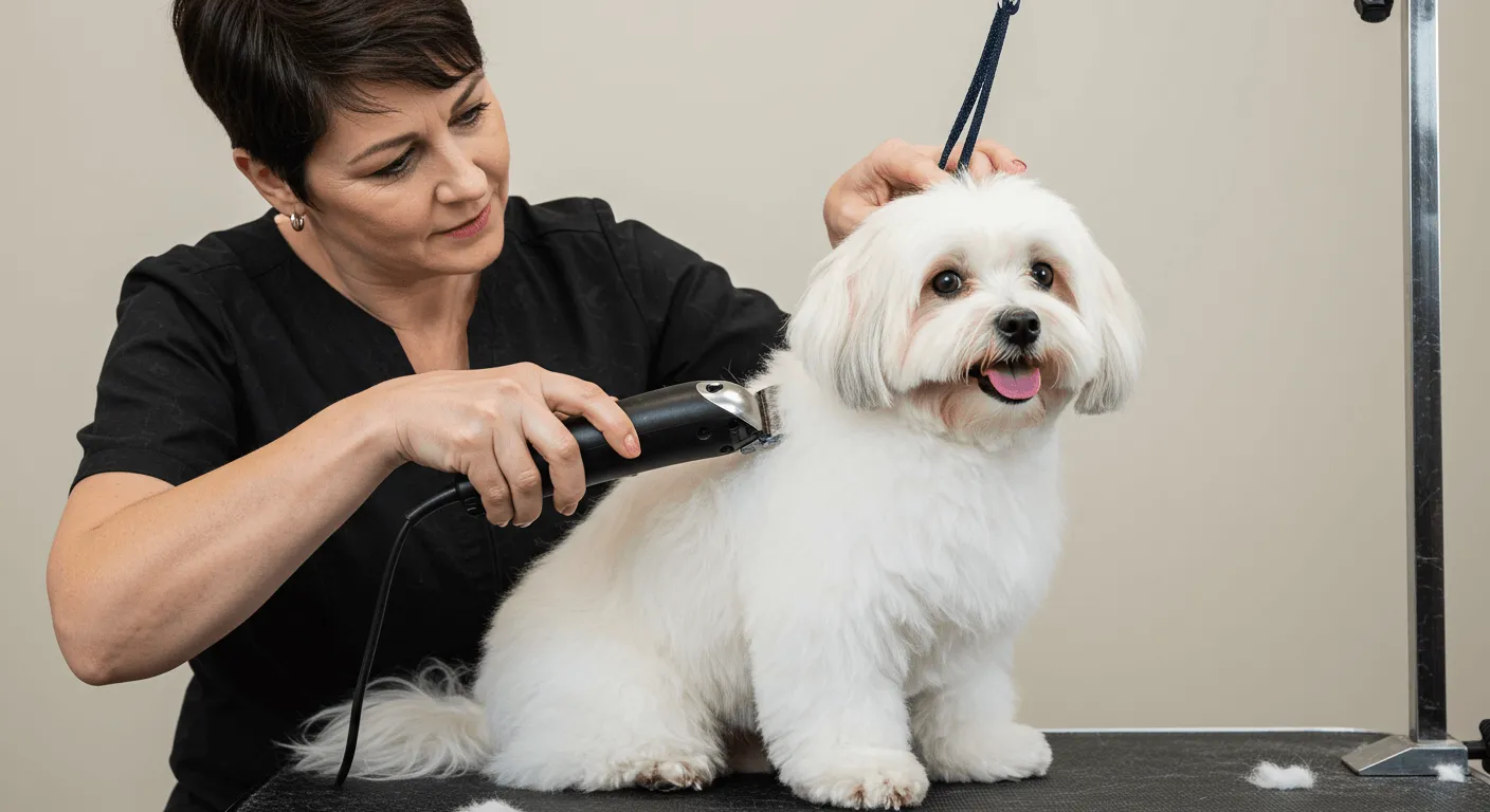 A professional groomer trimming a Coton De Tulear’s flowing white coat