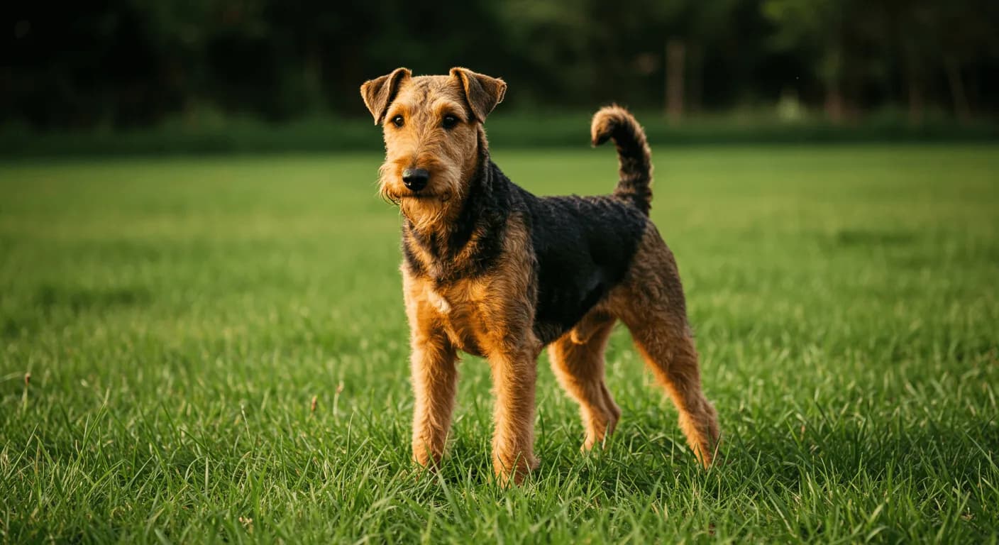 A proud Airedale Terrier standing in a grassy field, looking alert and confident