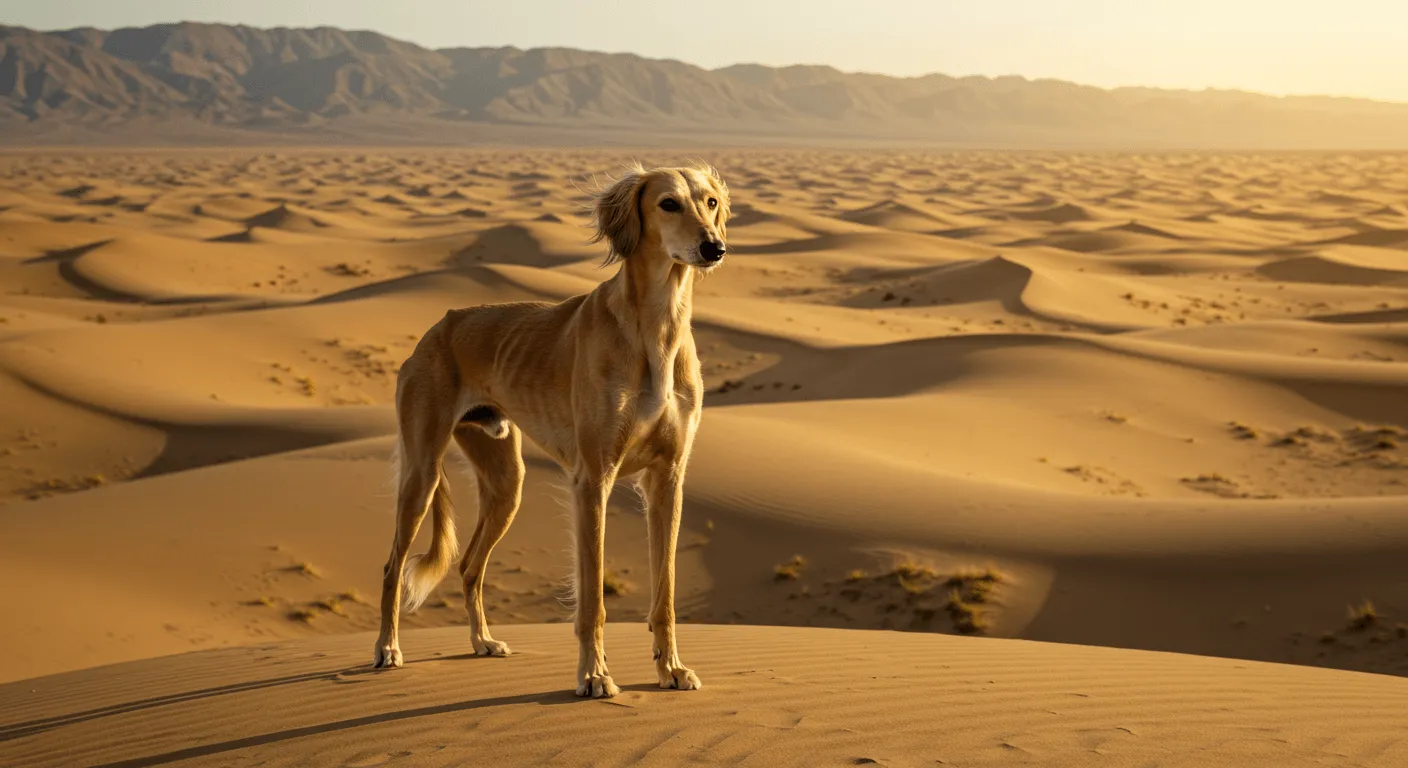 A proud Saluki standing on a hilltop, with an entire desert valley below