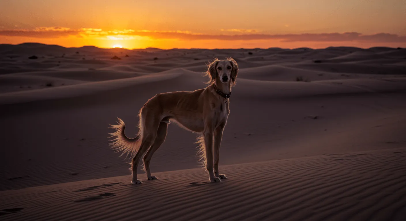 A regal Saluki standing in a vast desert landscape during sunset, showcasing its elegant silhouette.