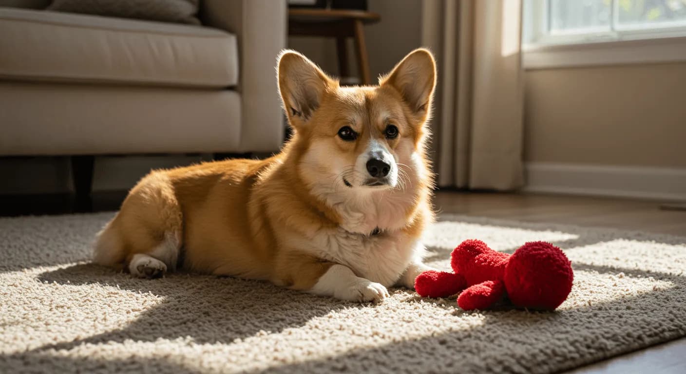 A relaxed Pembroke Welsh Corgi lounging on a living room rug beside a toy, basking in the afternoon sun