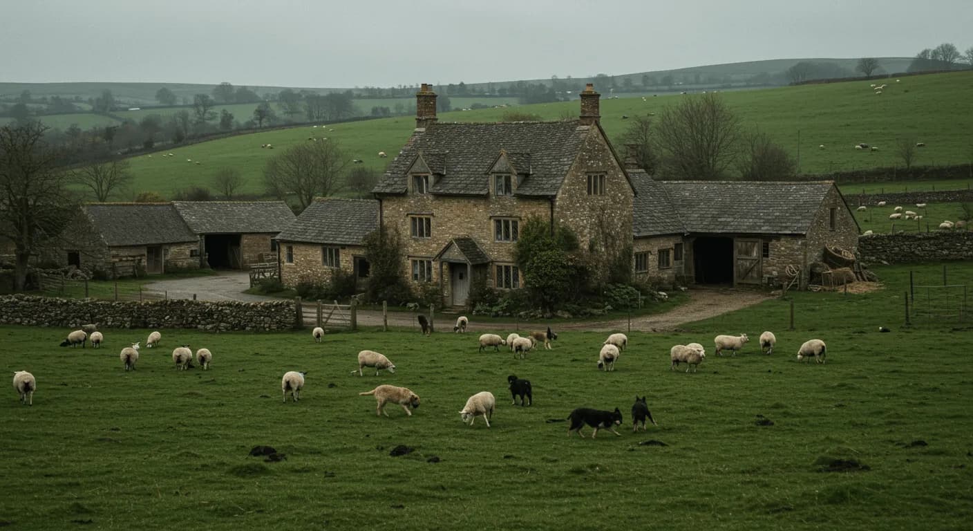 A rustic 18th-century English farm with herding dogs tending to sheep under overcast skies
