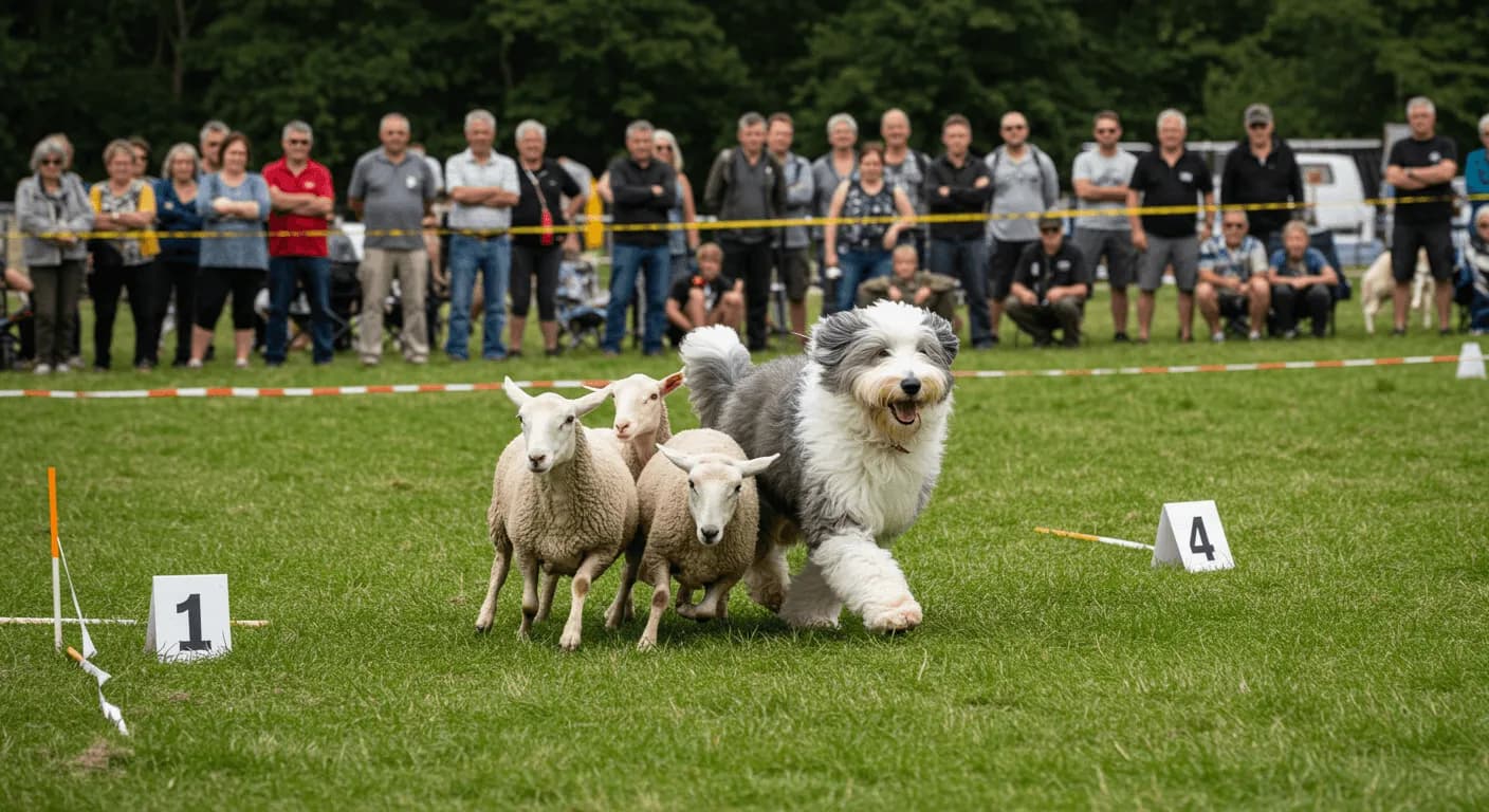 A sheepdog competition in progress, featuring a modern Old English Sheepdog guiding sheep through a marked course