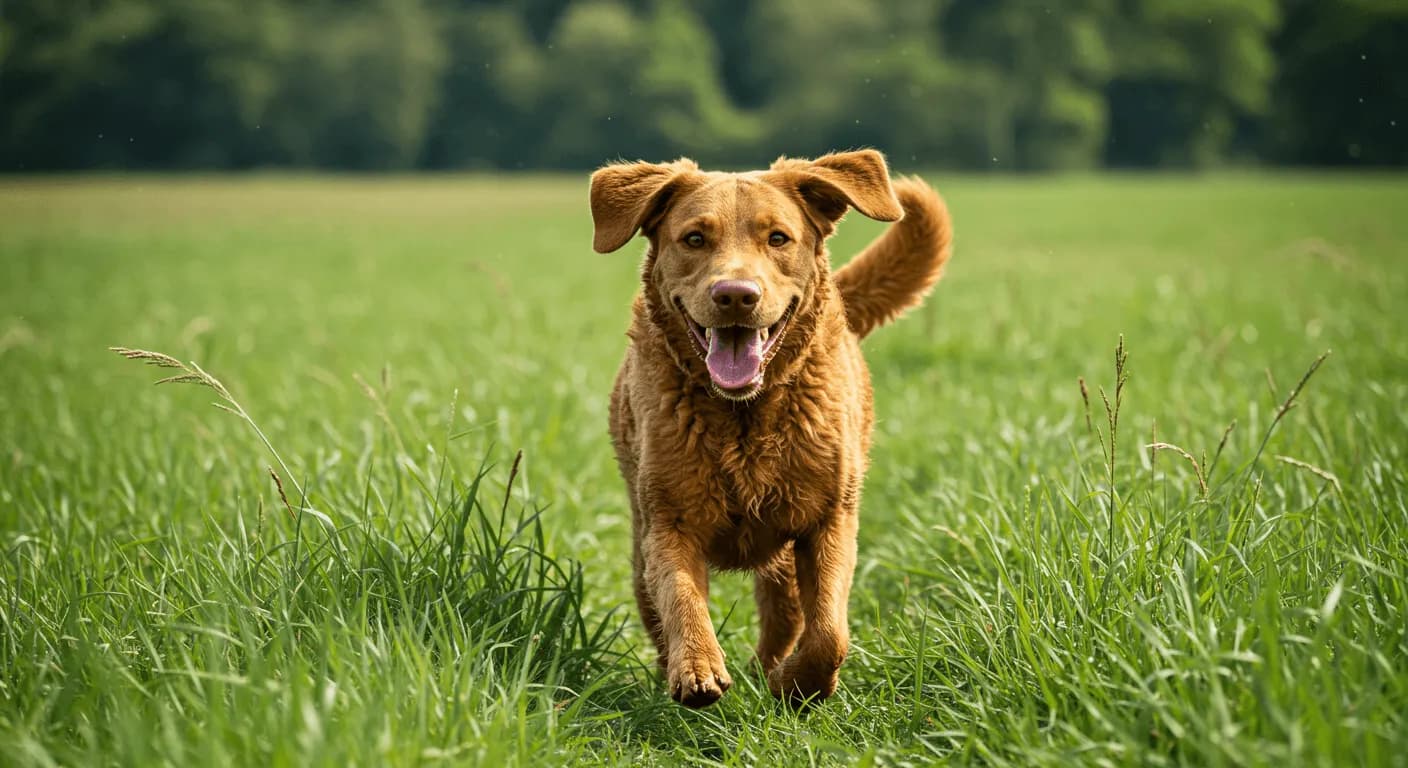 A smiling Chesapeake Bay Retriever running through the grass with a full, wagging tail