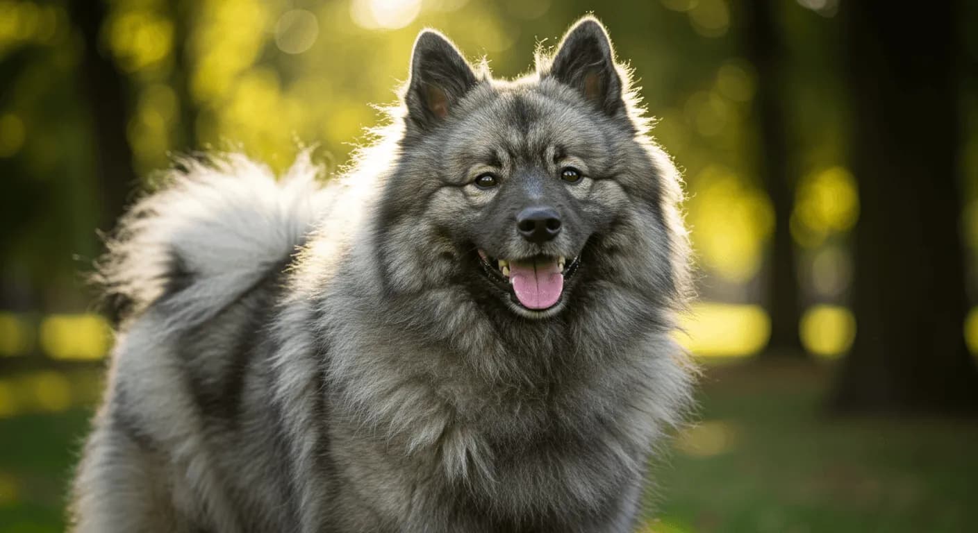 A smiling Keeshond with its distinctive fox-like expression, alert ears, and thick silver-gray coat standing proudly