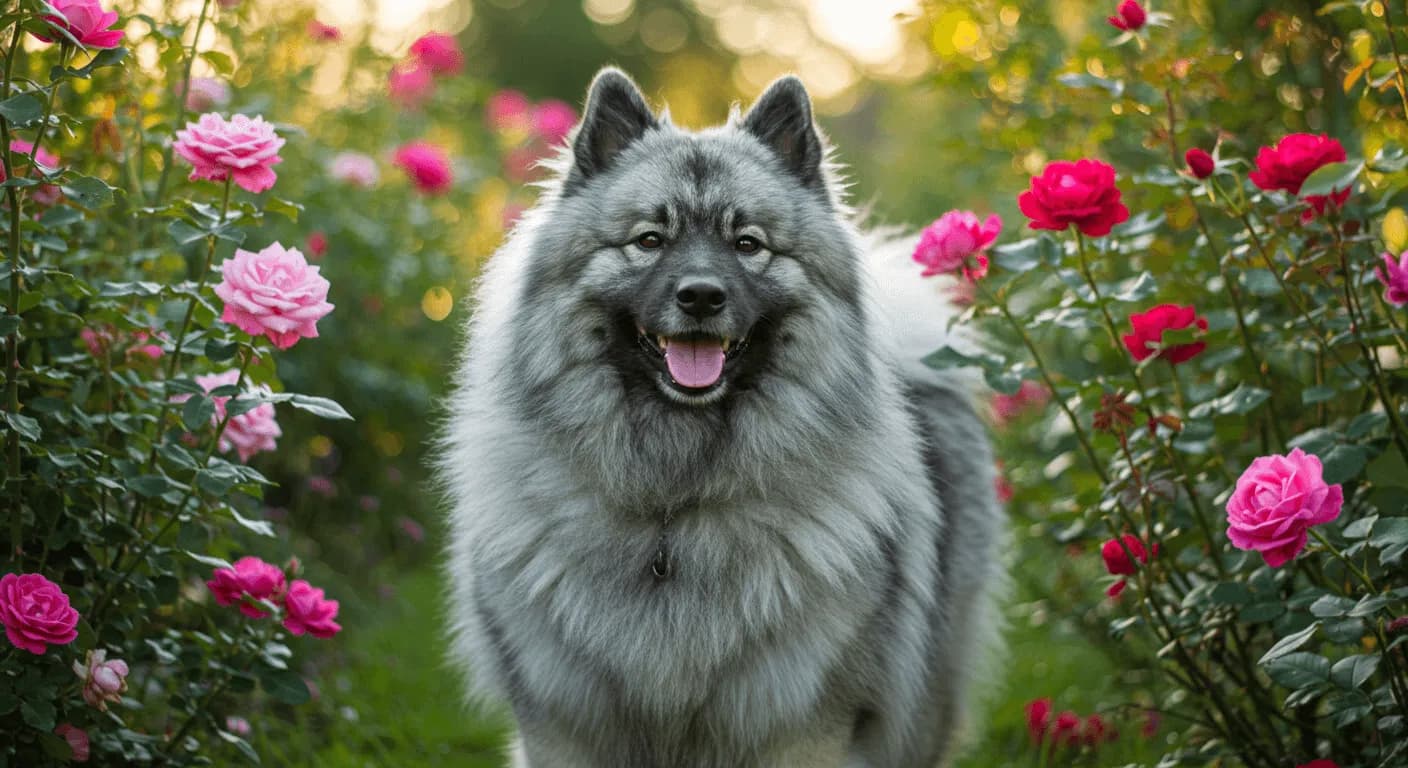 A smiling Keeshond with its distinctive fox-like face and plush double coat standing in a garden setting