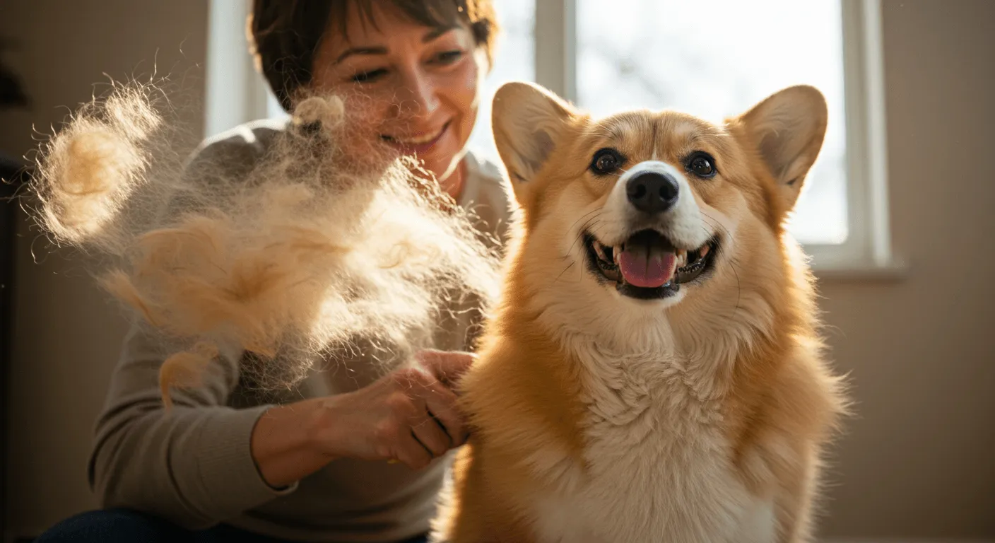 A smiling Pembroke Welsh Corgi being brushed by its owner, with fur flying in the air
