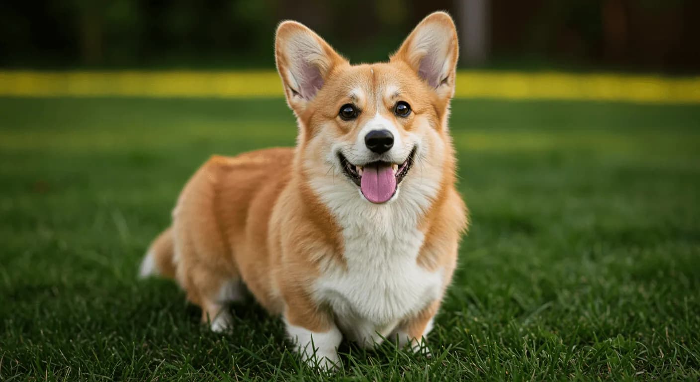 A smiling Pembroke Welsh Corgi with its distinctive fox-like face, erect ears, and short legs standing in a grassy yard