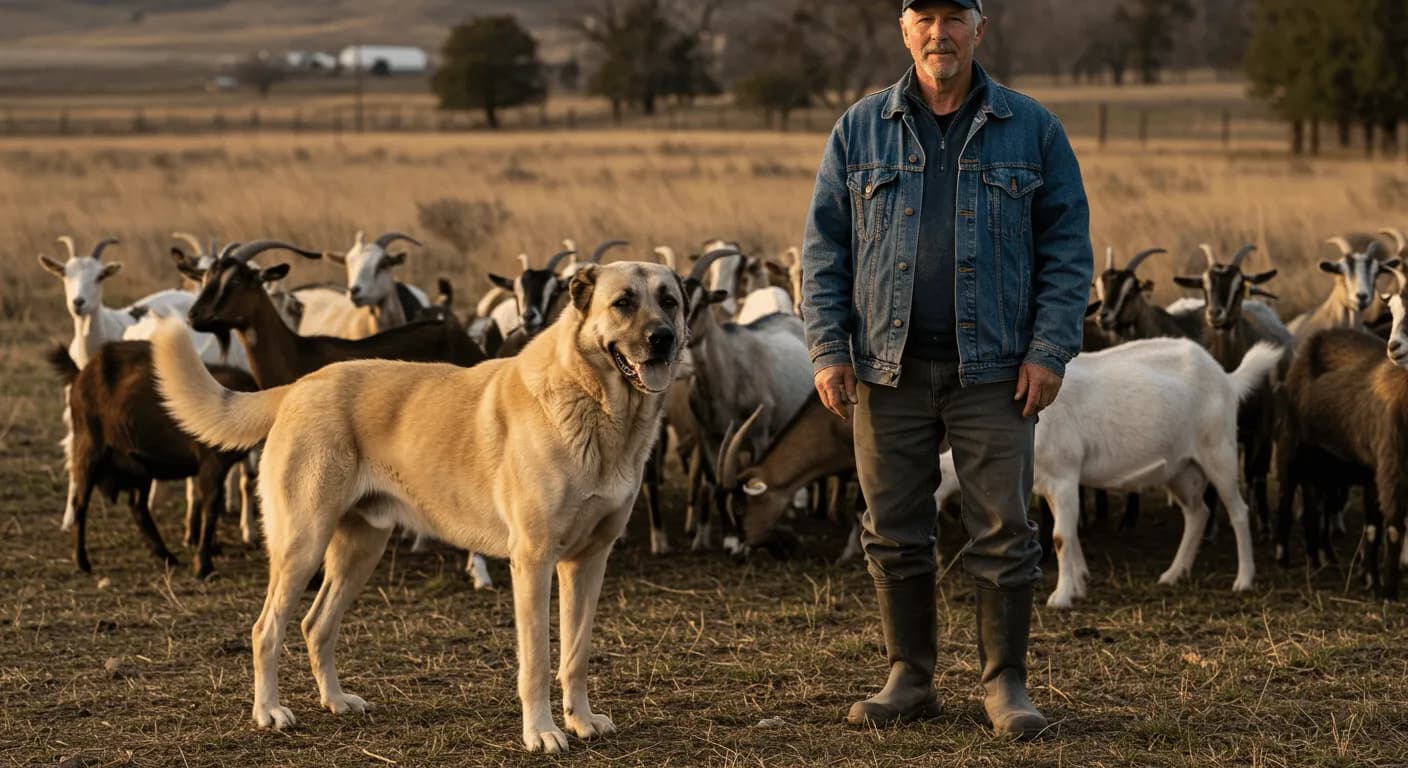 A strong adult Kangal Dog standing beside a North American rancher and his herd of goats.