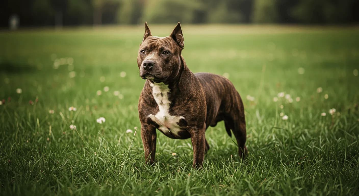 A strong, muscular American Staffordshire Terrier standing alert in a grassy field