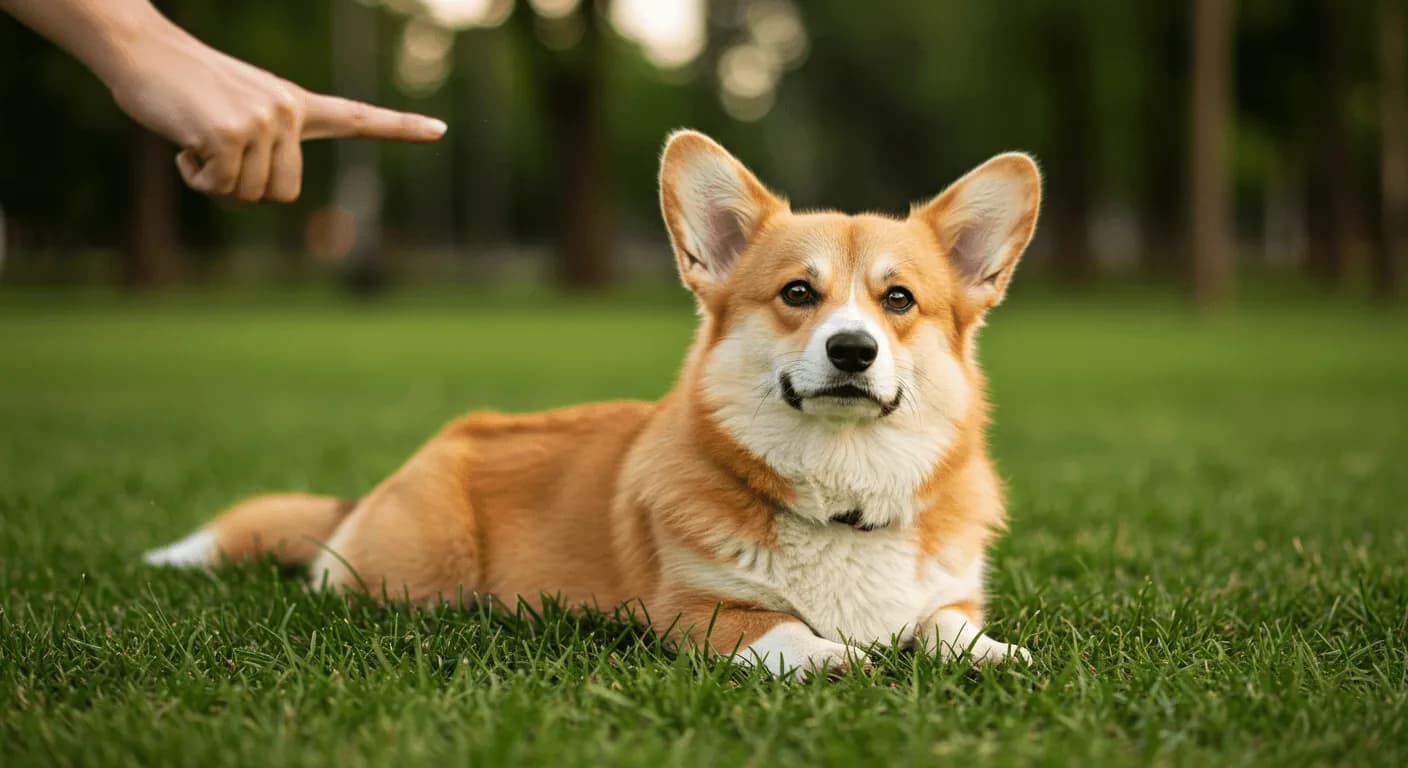 A stubborn Pembroke Welsh Corgi lying down, ignoring a command during training