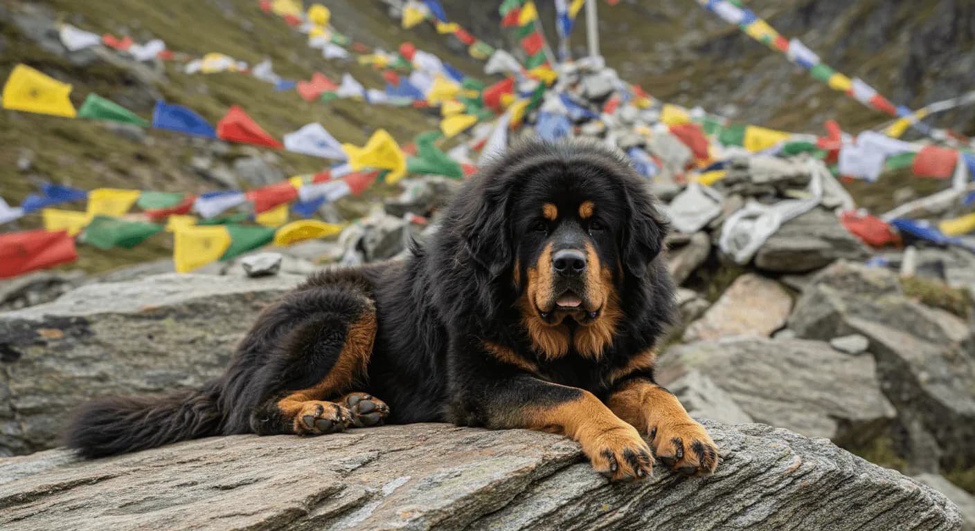 A Tibetan Mastiff lying on rocky terrain with prayer flags in the background