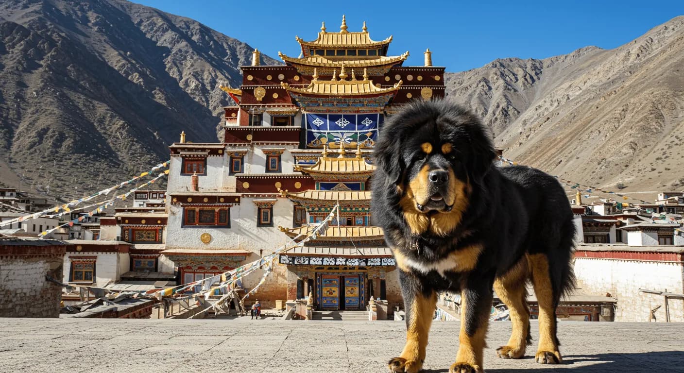 A Tibetan Mastiff standing guard in front of a colorful Tibetan monastery