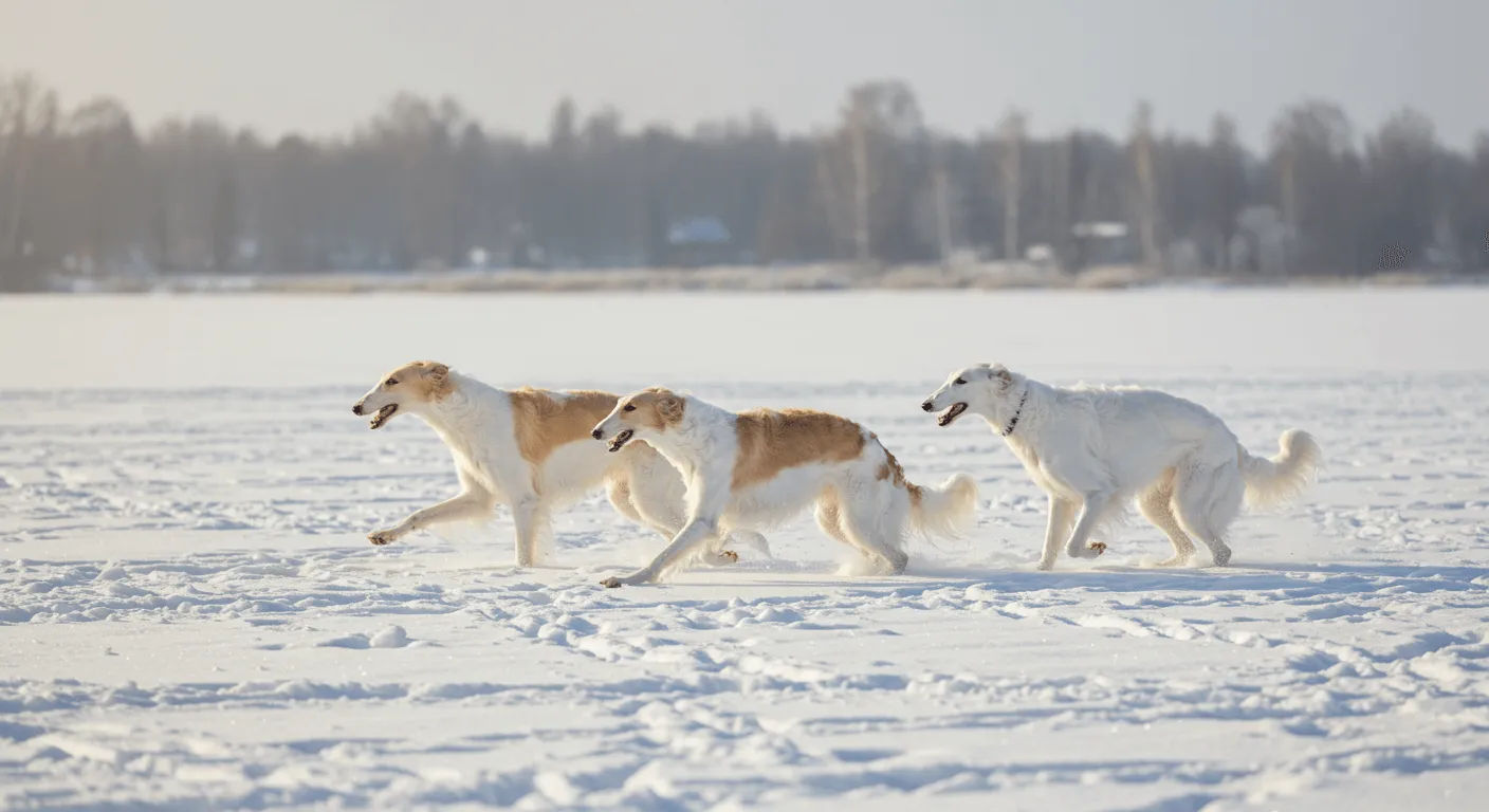 A trio of Borzois sprinting across snow-covered fields in Russia