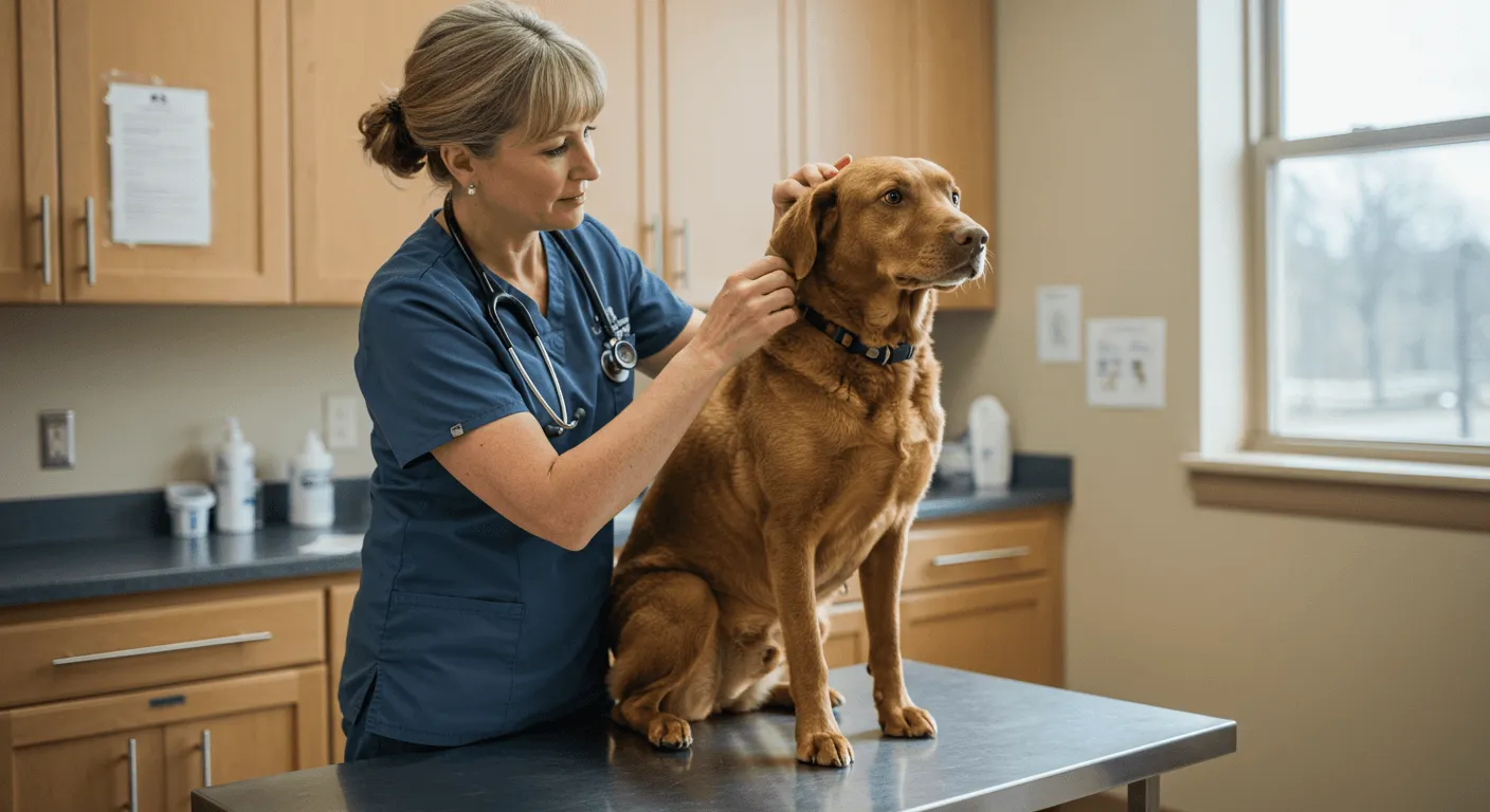 A vet examining a Chesapeake Bay Retriever on an exam table, the dog sitting calmly