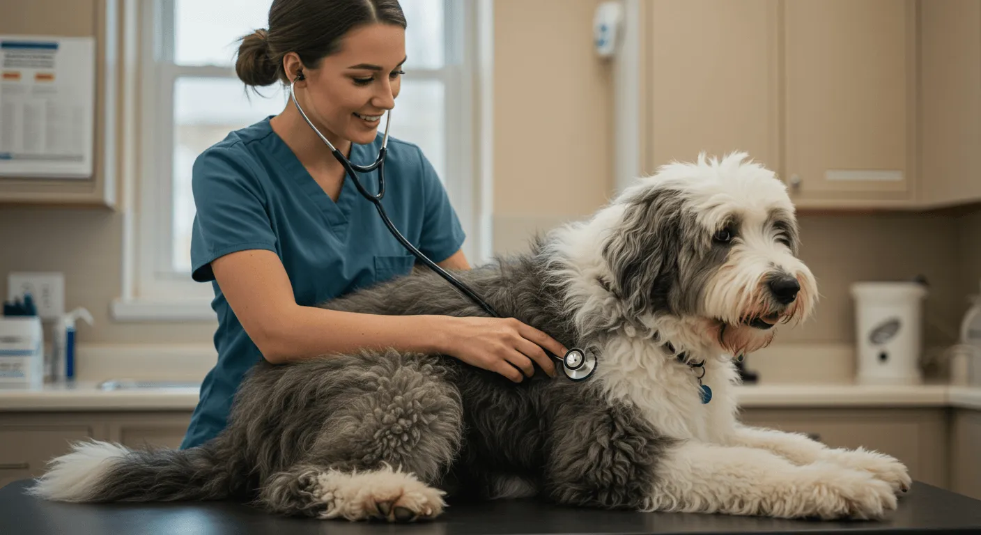 A veterinarian checking an Old English Sheepdog’s heart with a stethoscope