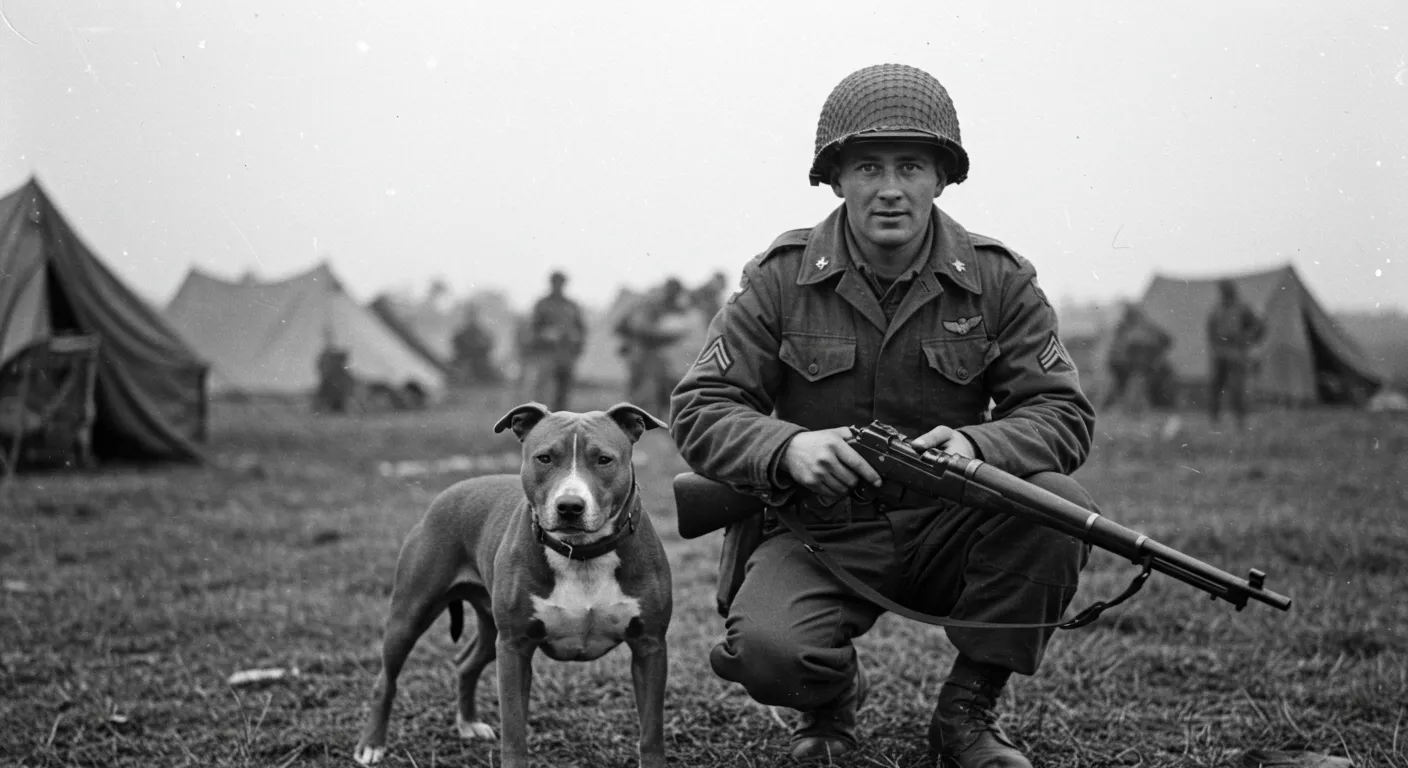 A vintage black and white photo of an American Staffordshire Terrier with a World War soldier